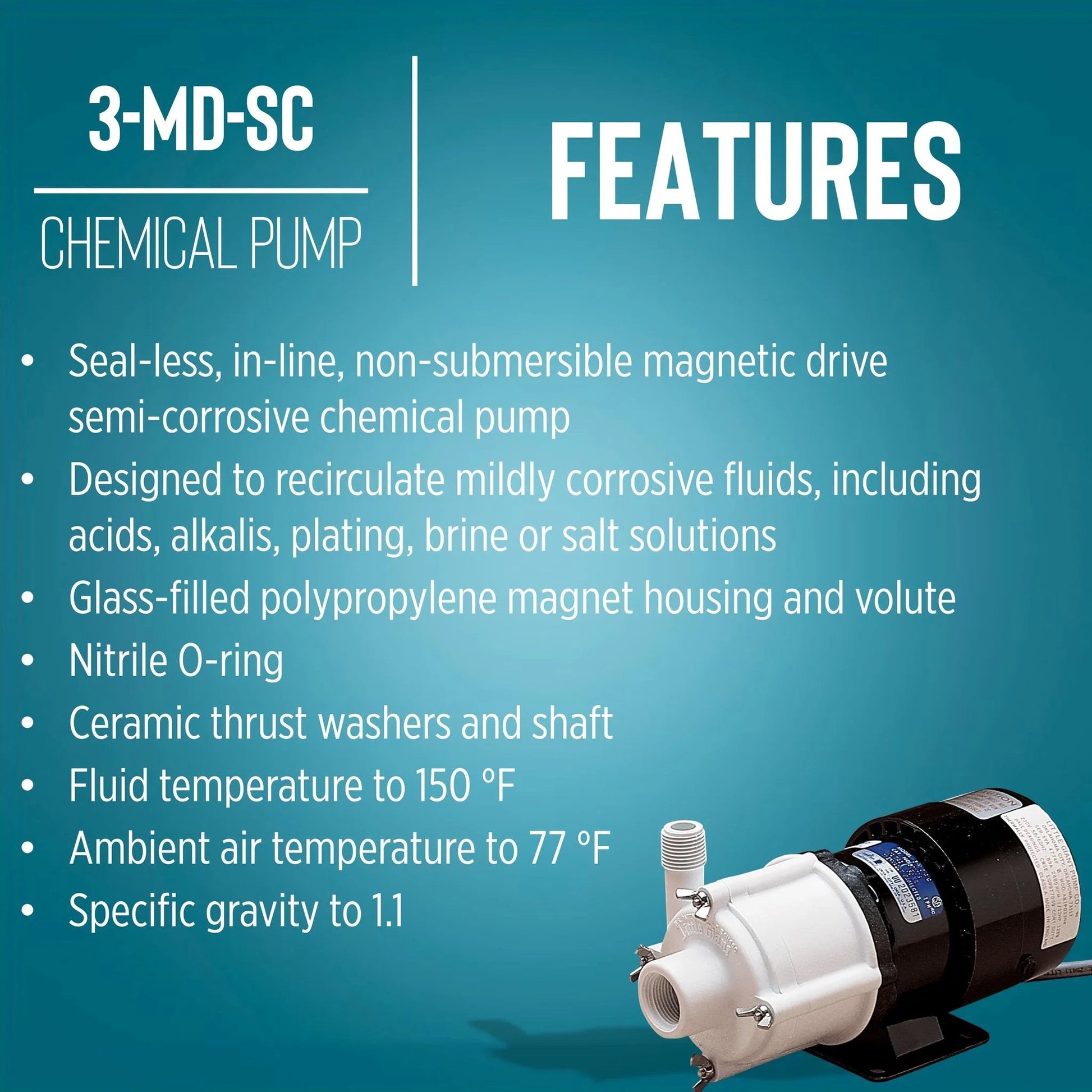 Heavy-Duty Non-Submersible Magnetic Drive Pump for Semi-Corrosive Chemicals, 115V, 1/12 HP, 750 GPH, 3-MD-SC model with features displayed.