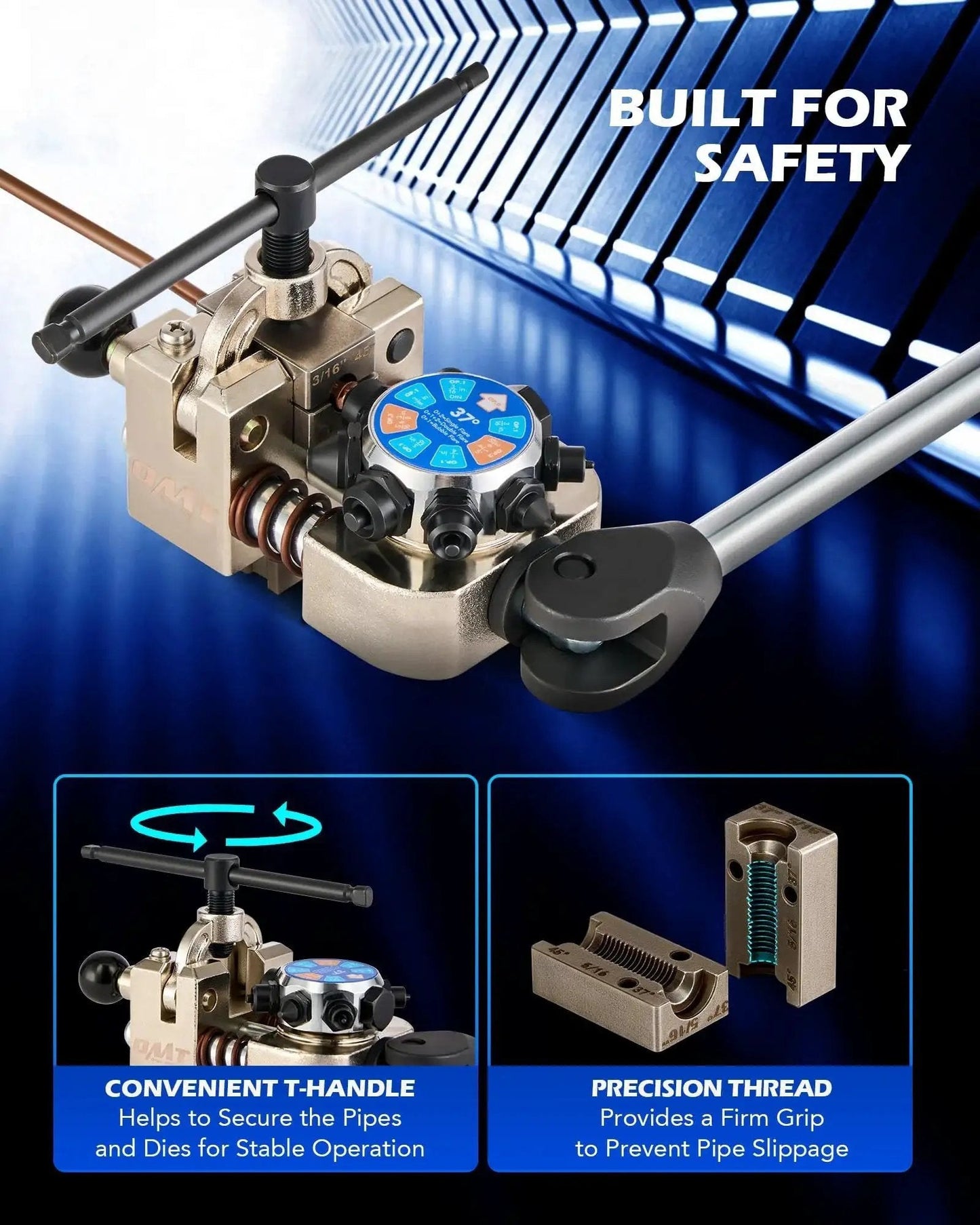 Close-up of Brake Line Flare Tool Kit Dual Die Heads 3/16 To 3/8 Inch 37 And 45 Degrees showing dual-head and handles.
