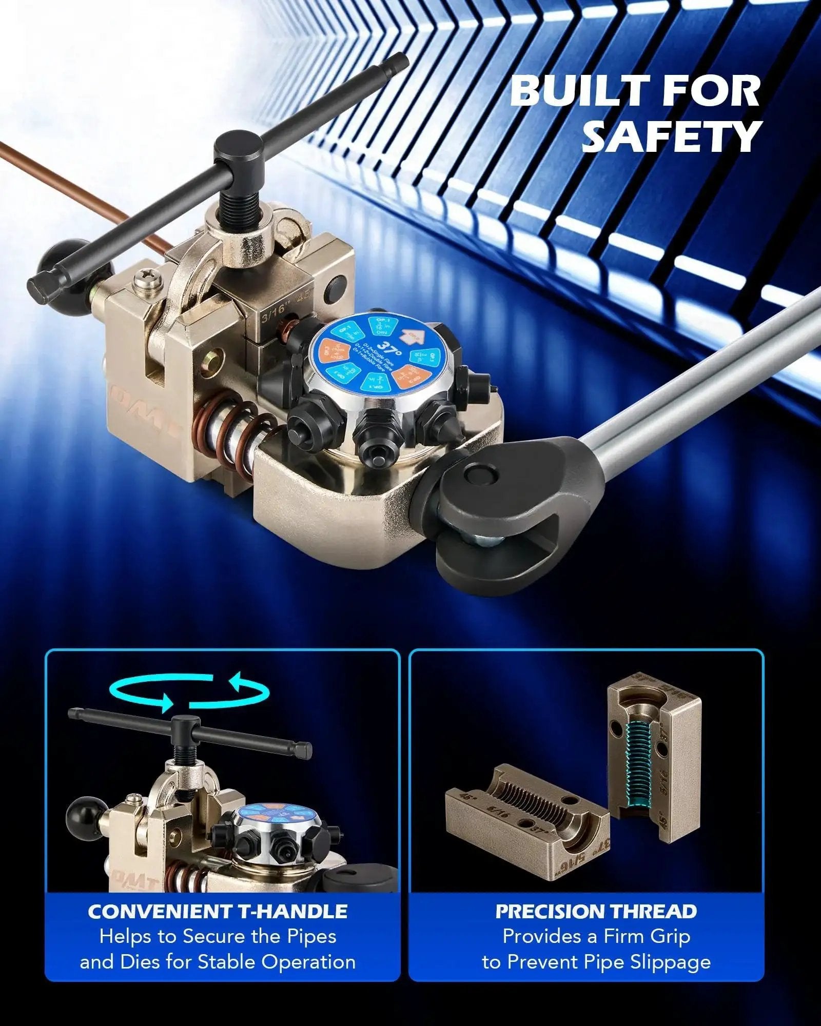 Close-up of Brake Line Flare Tool Kit Dual Die Heads 3/16 To 3/8 Inch 37 And 45 Degrees showing dual-head and handles.