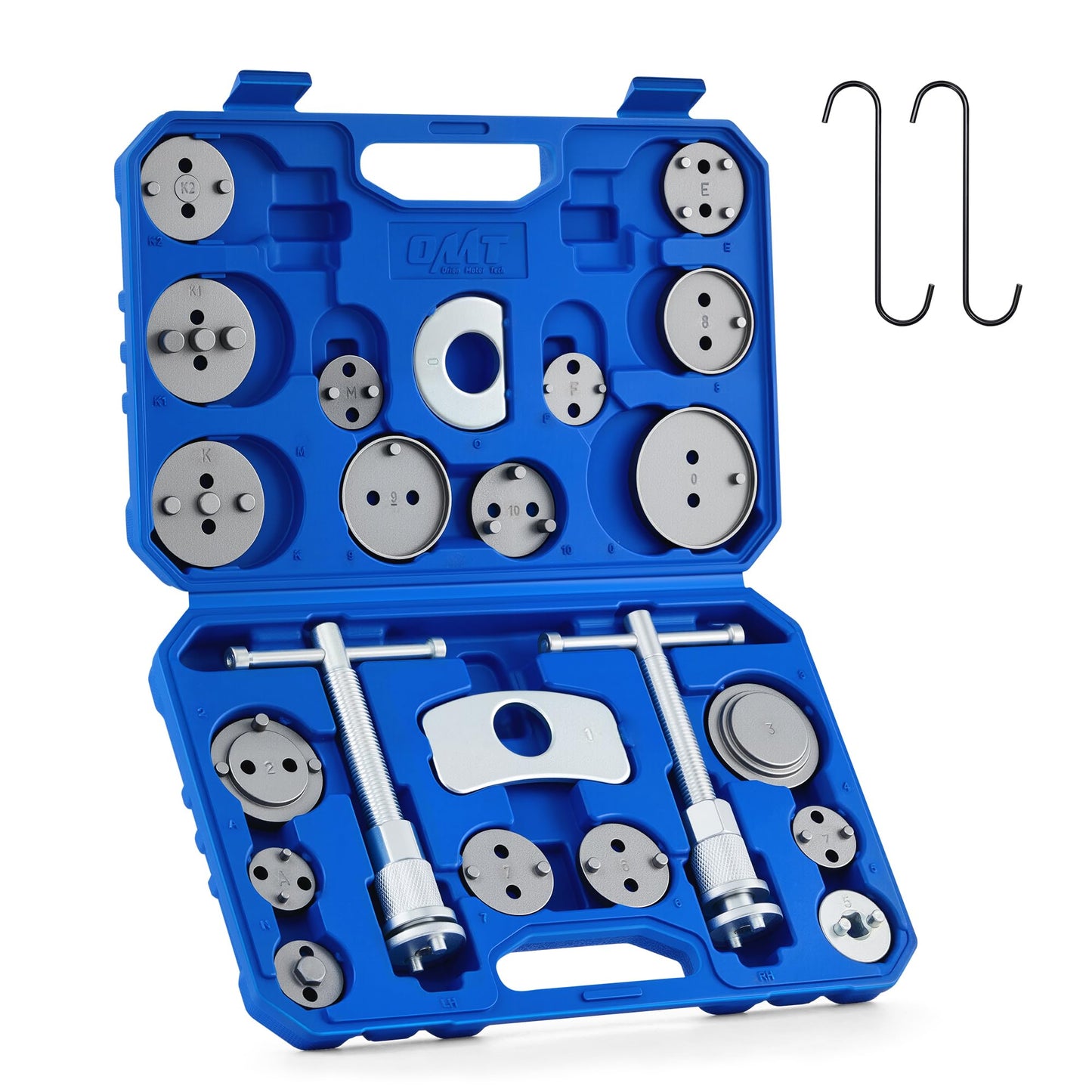 24 Piece Brake Caliper Compression Tool Set For Universal Disc Brakes With Piston Wind Back Kit And Blue Case DIY Friendly Heavy Duty Caliper Piston Compressor Tool Kit For Brake Pad Replacement By Orion Motor Tech