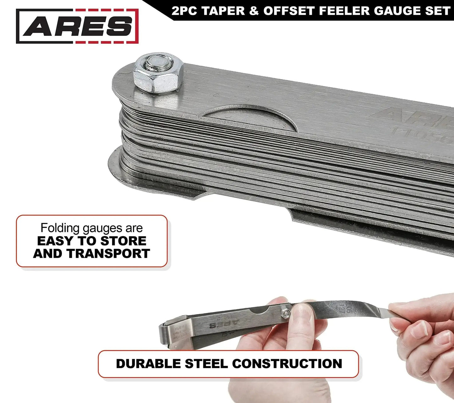 Two Piece Tapered And Offset Feeler Gauge Set With 32 Dual Marked SAE And Metric Blades, showing close-up of steel blades