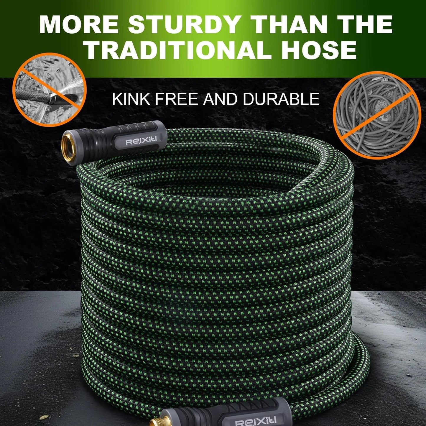 Flexible Garden Hose For Yard And Lawn With 10 Function Sprayer No Fuss Ultra Lightweight Non Expanding Design Leak Proof And Pressure Resistant Triple Layer Construction For Durability Kink Free And Burst Proof 100 Feet Green coiled on ground