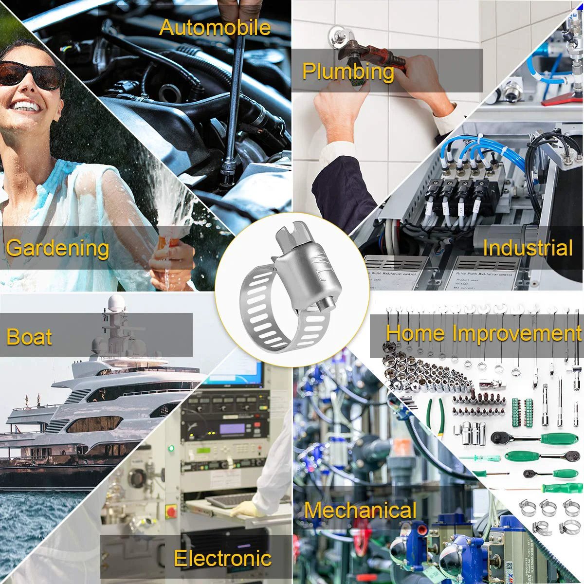 Collage showing applications of Beefy Premium Stainless Steel Hose Clamps Set Twenty Two Pack Micro Size Six Worm Gear Drive Clamps for Automotive Plumbing Fits Five Sixteenths To Seven Eighths Inch Range SAE Standard WINL in various industries.