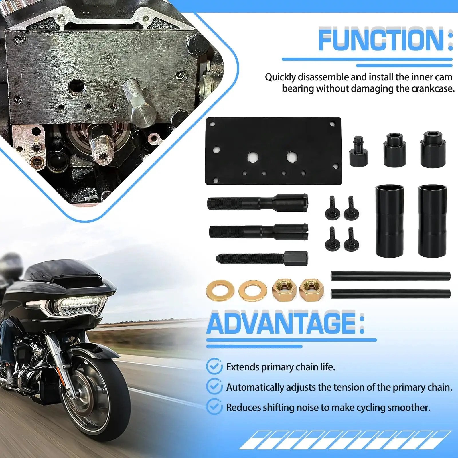 Inner Cam Bearing Installer and Puller Tool for Harley Twin Cam Engines 1999-2017 with parts layout and motorcycle in background.