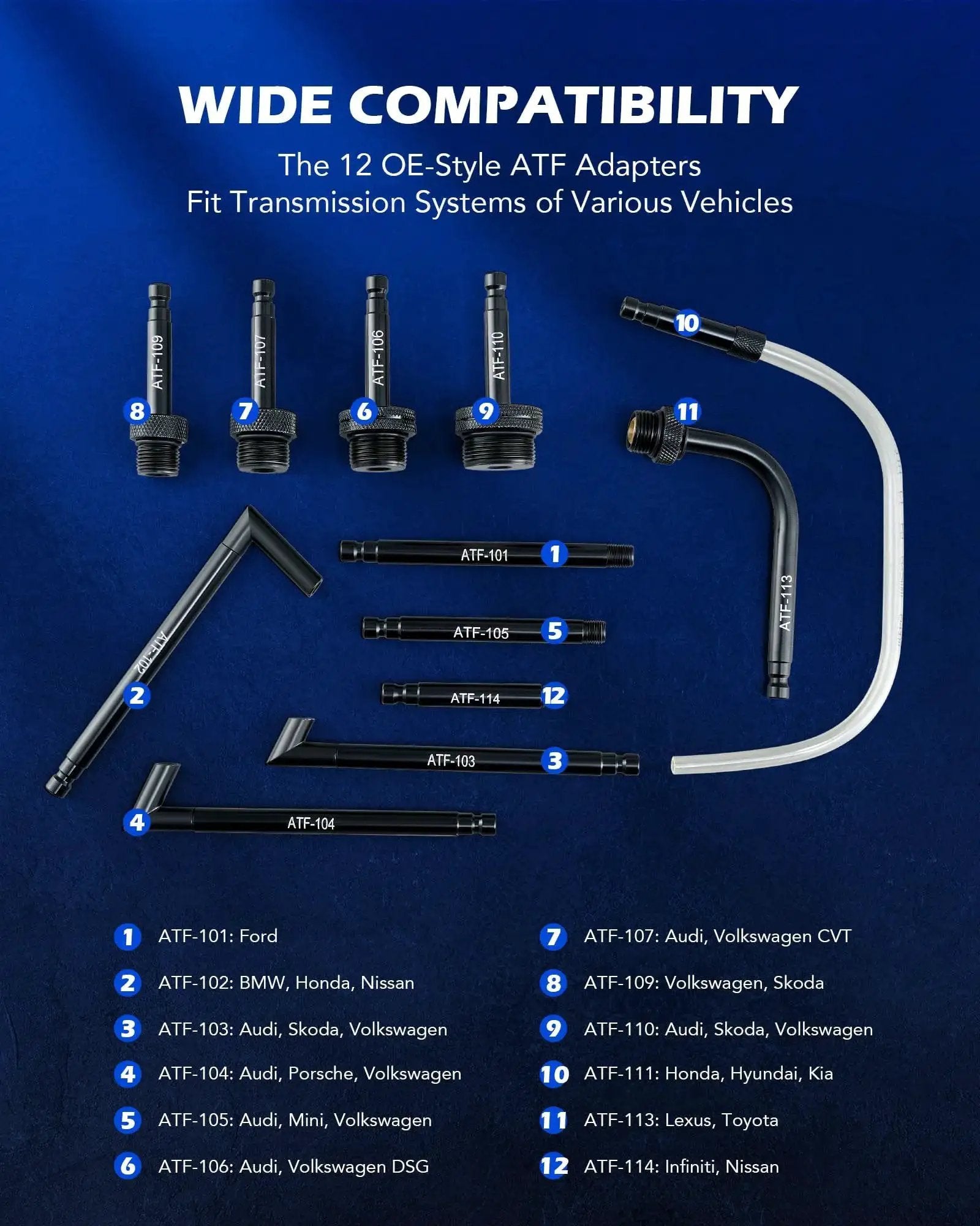 Diagram showing 12 ATF adapters for 3L Transmission Fluid Pump With 12 ATF Adapters And Pressure Gauge, labeled by vehicle compatibility.