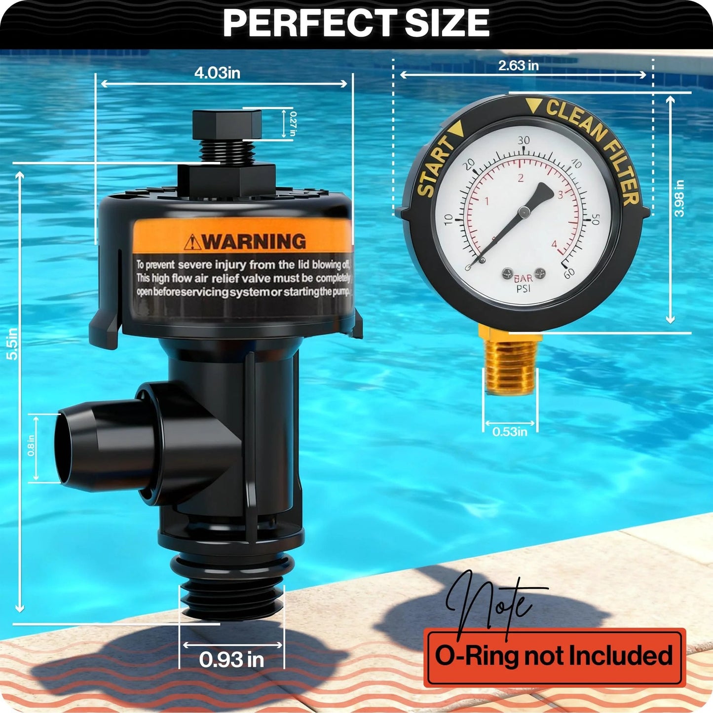 Air Relief Valve For Pentair Pool Filters Compatible With FNS FNS Plus Clean And Clear Quad DE 60 80 100 And 2000 4000 Series Replace 98209800 Swimables With Easy Install And Leak Proof Design For Smooth Pool Filter Operation, shown with dimensions and gauge, poolside.