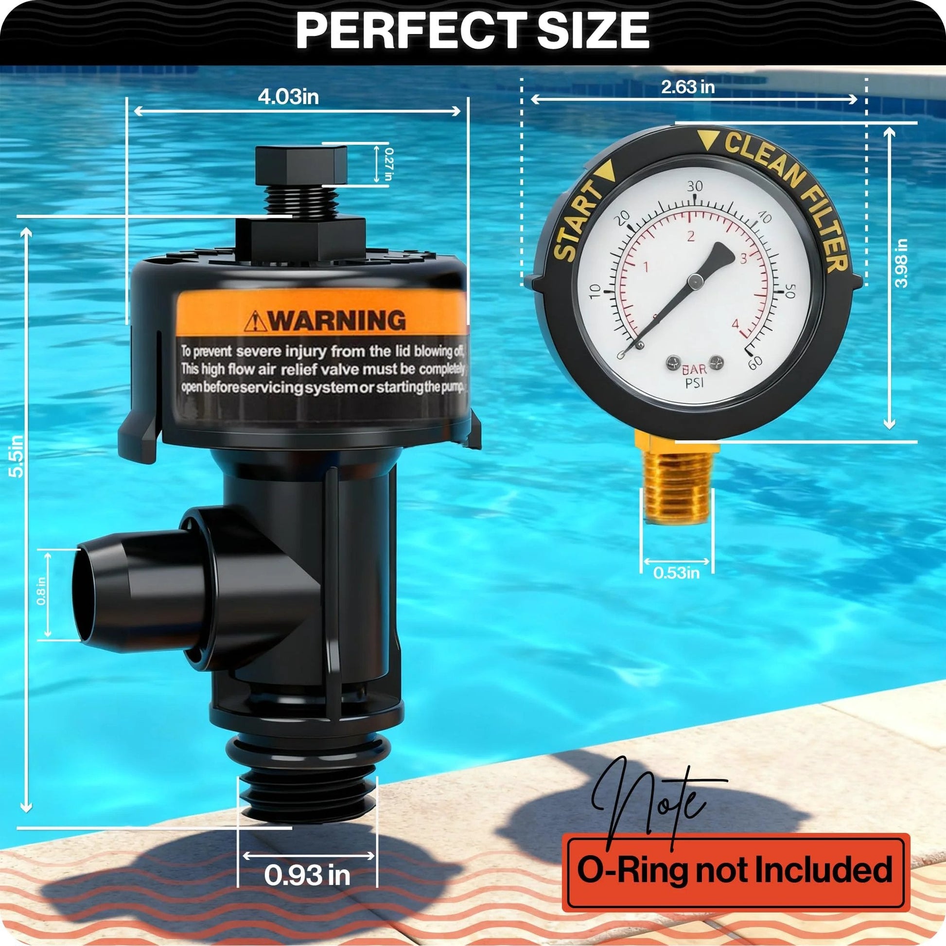 Air Relief Valve For Pentair Pool Filters Compatible With FNS FNS Plus Clean And Clear Quad DE 60 80 100 And 2000 4000 Series Replace 98209800 Swimables With Easy Install And Leak Proof Design For Smooth Pool Filter Operation, shown with dimensions and gauge, poolside.