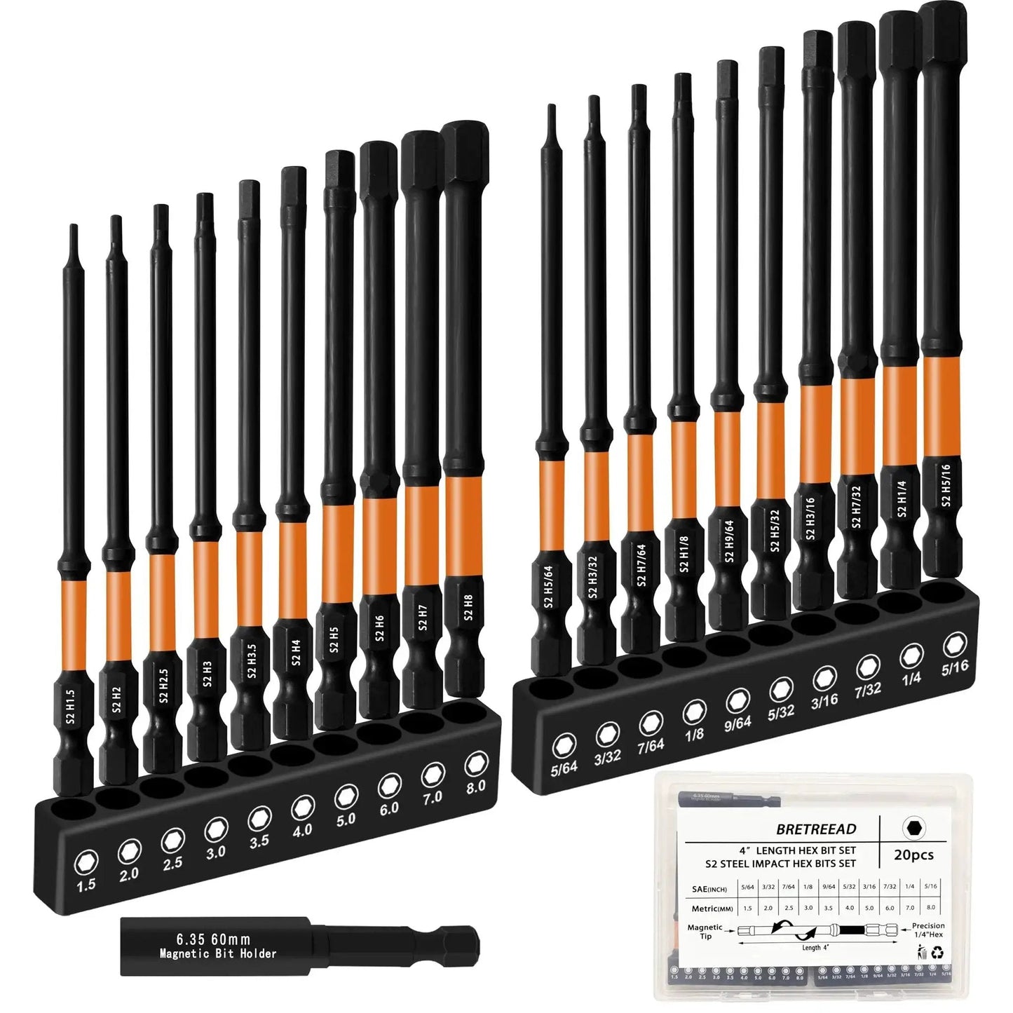 Four Inch Long Hex Head Allen Wrench Drill Bit Set With 20 Piece Metric And SAE S2 Steel Bits Built For Heavy Duty Use