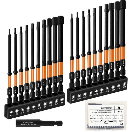 Four Inch Long Hex Head Allen Wrench Drill Bit Set With 20 Piece Metric And SAE S2 Steel Bits Built For Heavy Duty Use