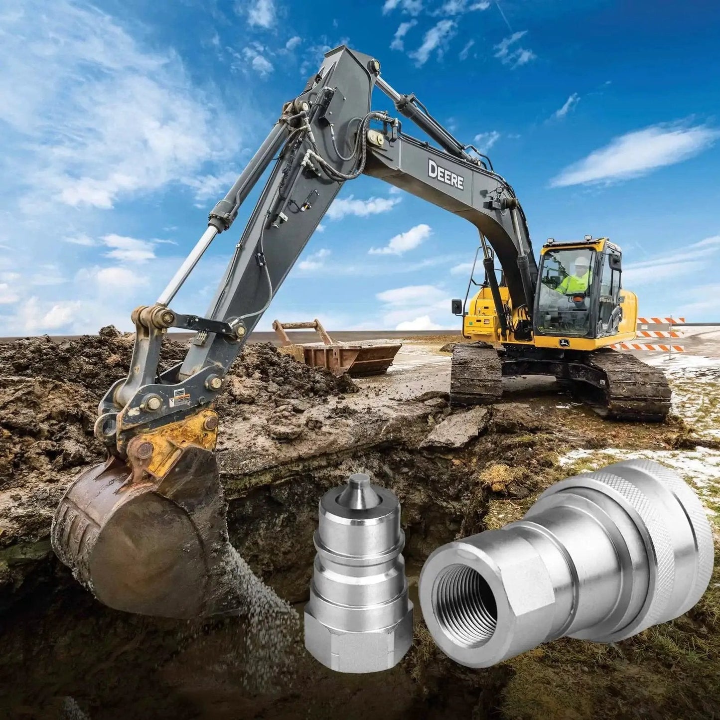 Heavy Duty 1/4 Inch NPT ISO 7241 B Hydraulic Quick Connect Couplers With Dust Caps shown near an excavator