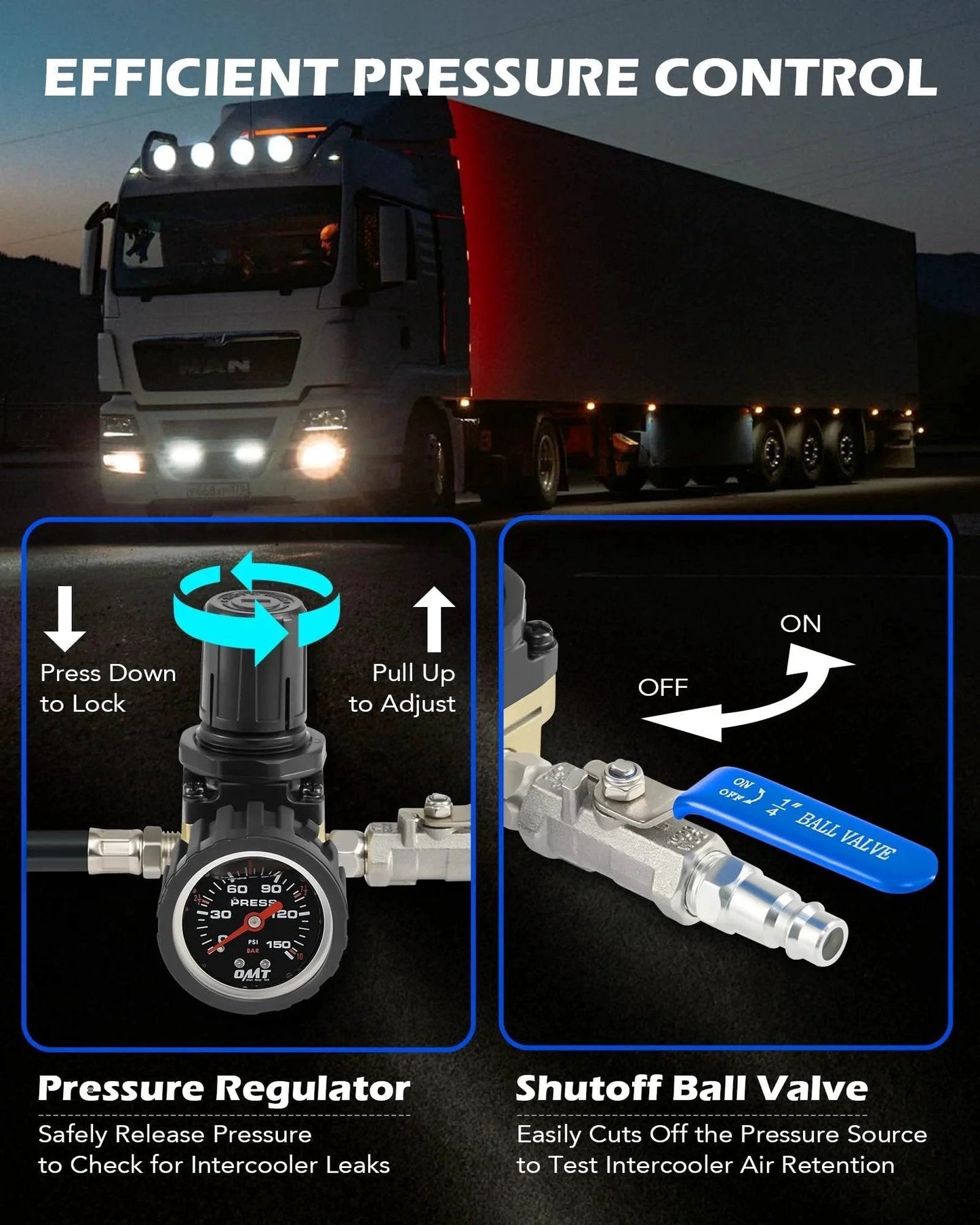 Turbo System Leak Tester For Trucks With CAC Boost, featuring pressure regulator and shutoff ball valve by Orion Motor Tech.