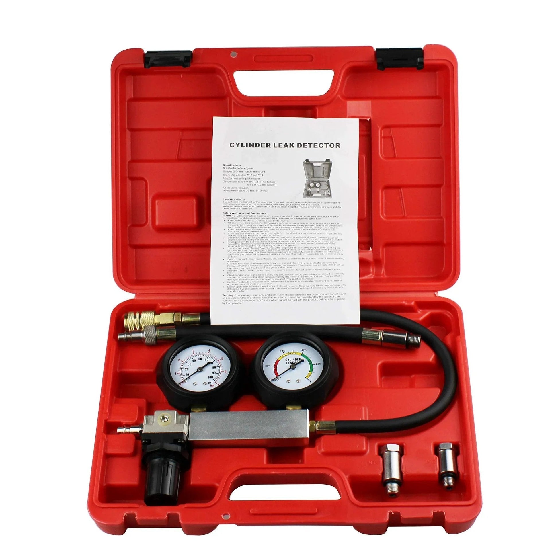 Cylinder Leak Detector Kit For Engine Compression Diagnosis And Cylinder Leakage Testing With 480mm Hose 12mm And 14mm Spark Plug Adapters 0 To 100 PSI Gauge Air Regulator Carrying Case HFS in red case, showing gauges and hose.