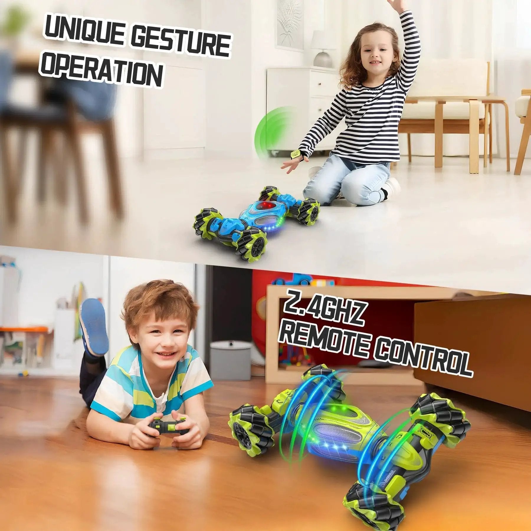 Children playing with Gesture Sensing RC Epic Stunt Car 1 12 Scale 4WD With Hand Motion Control and 2 4G Remote indoors