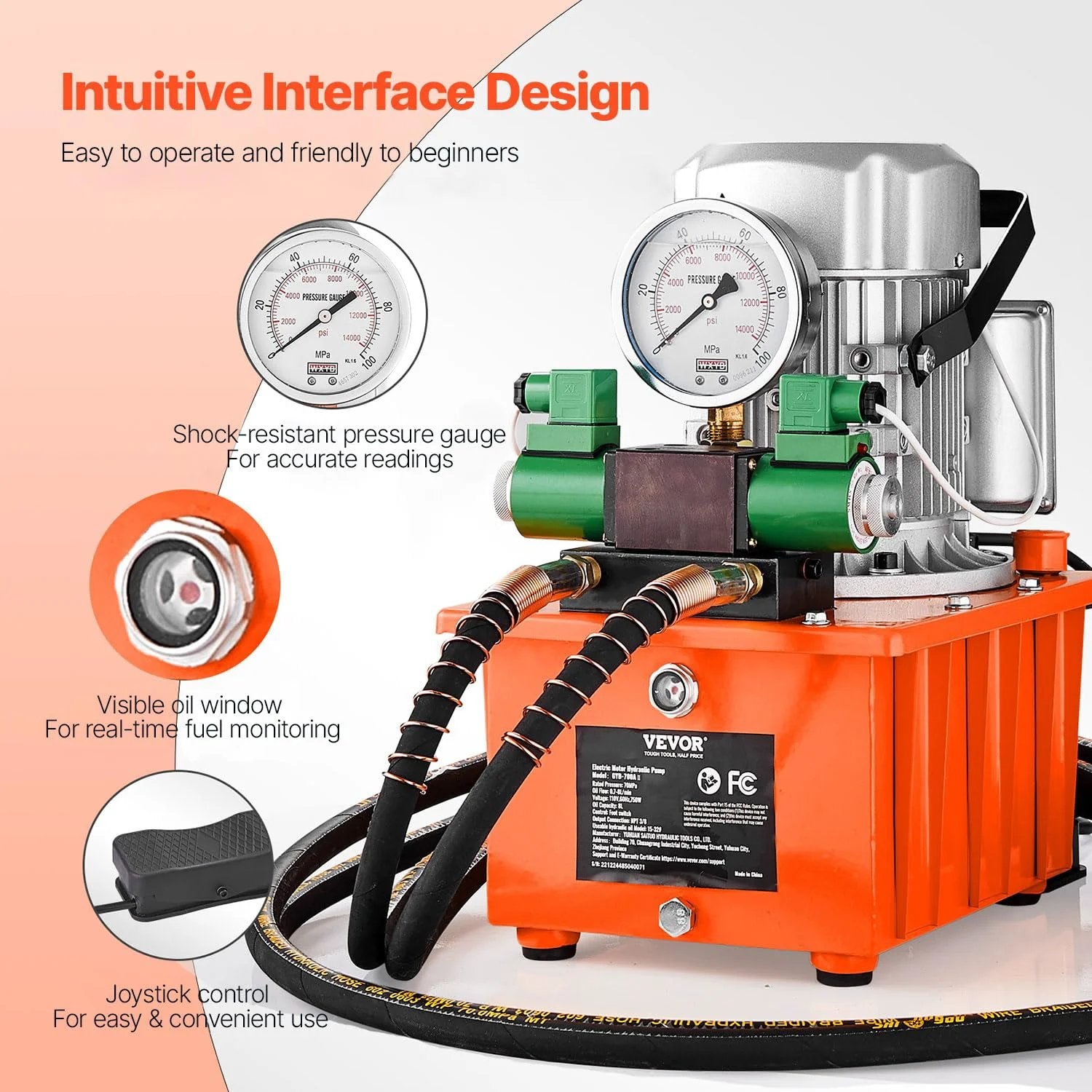 Front view of Beefy 10000 PSI Hydraulic Electric Pump with intuitive interface, pressure gauges, 750W motor, and 8L cylinder.