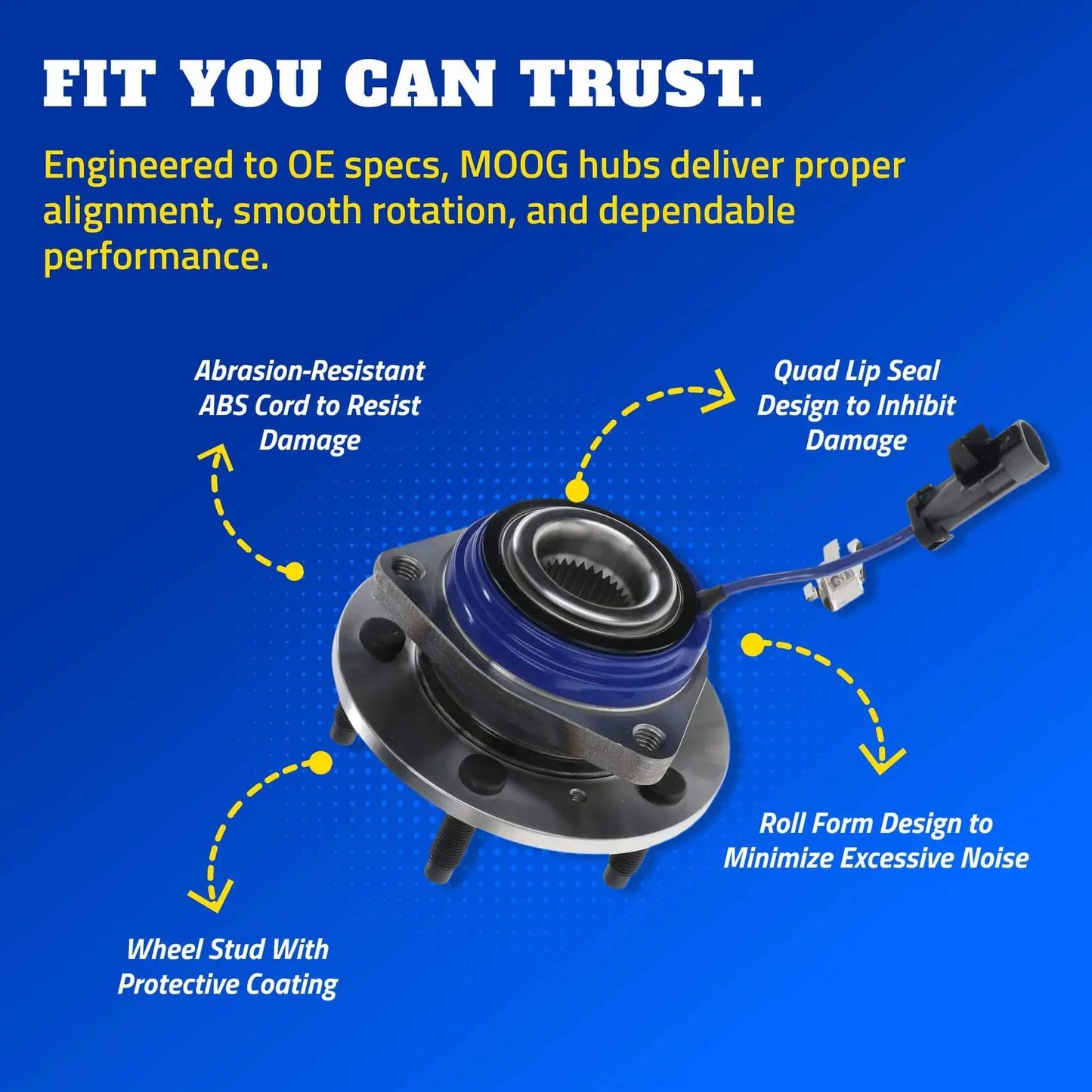 Single Front or Rear Wheel Hub & Bearing Assembly for Chevrolet Impala, sealed ball bearing with ABS grommet, shown with text highlights.