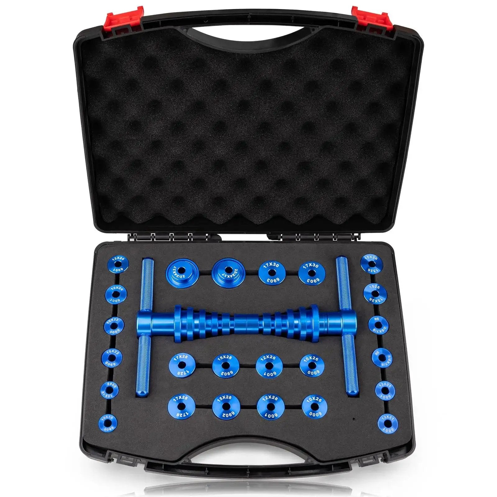 Open case of 25 Piece Bicycle Bearing Press Kit For Wheel Hubs And Bottom Brackets With Cone Design Blocks