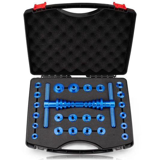 Open case of 25 Piece Bicycle Bearing Press Kit For Wheel Hubs And Bottom Brackets With Cone Design Blocks