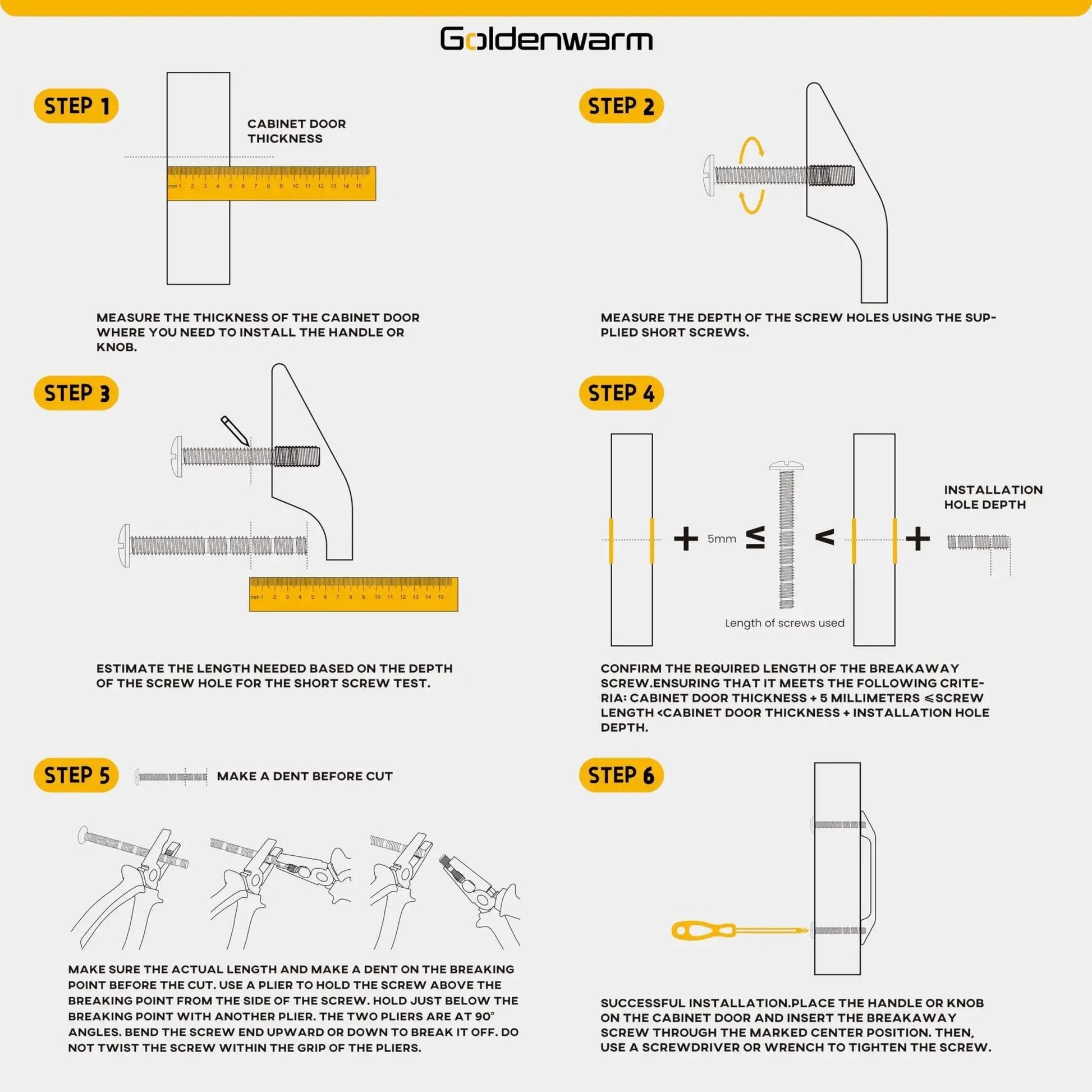 Step-by-step guide for installing cabinet handles using pull template, showing measurements and screw placement.