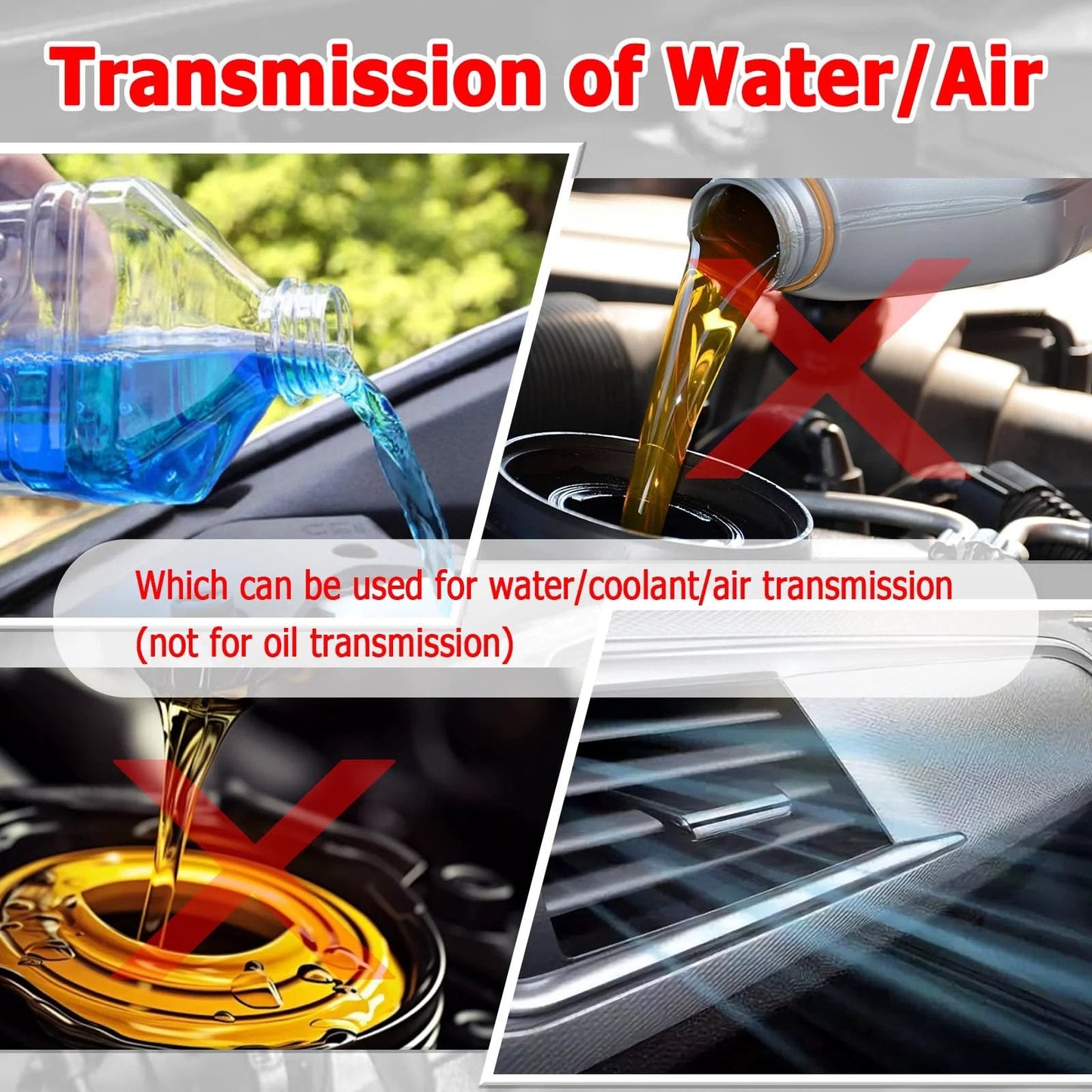 Transmission image showing water and oil usage with text emphasizing suitability for water, coolant, and air transfer.
