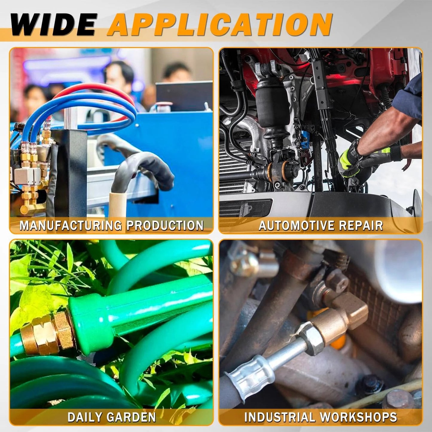 Heavy Duty Brass DOT Air Brake Fittings Kit used in manufacturing, automotive repair, gardening, and workshops.