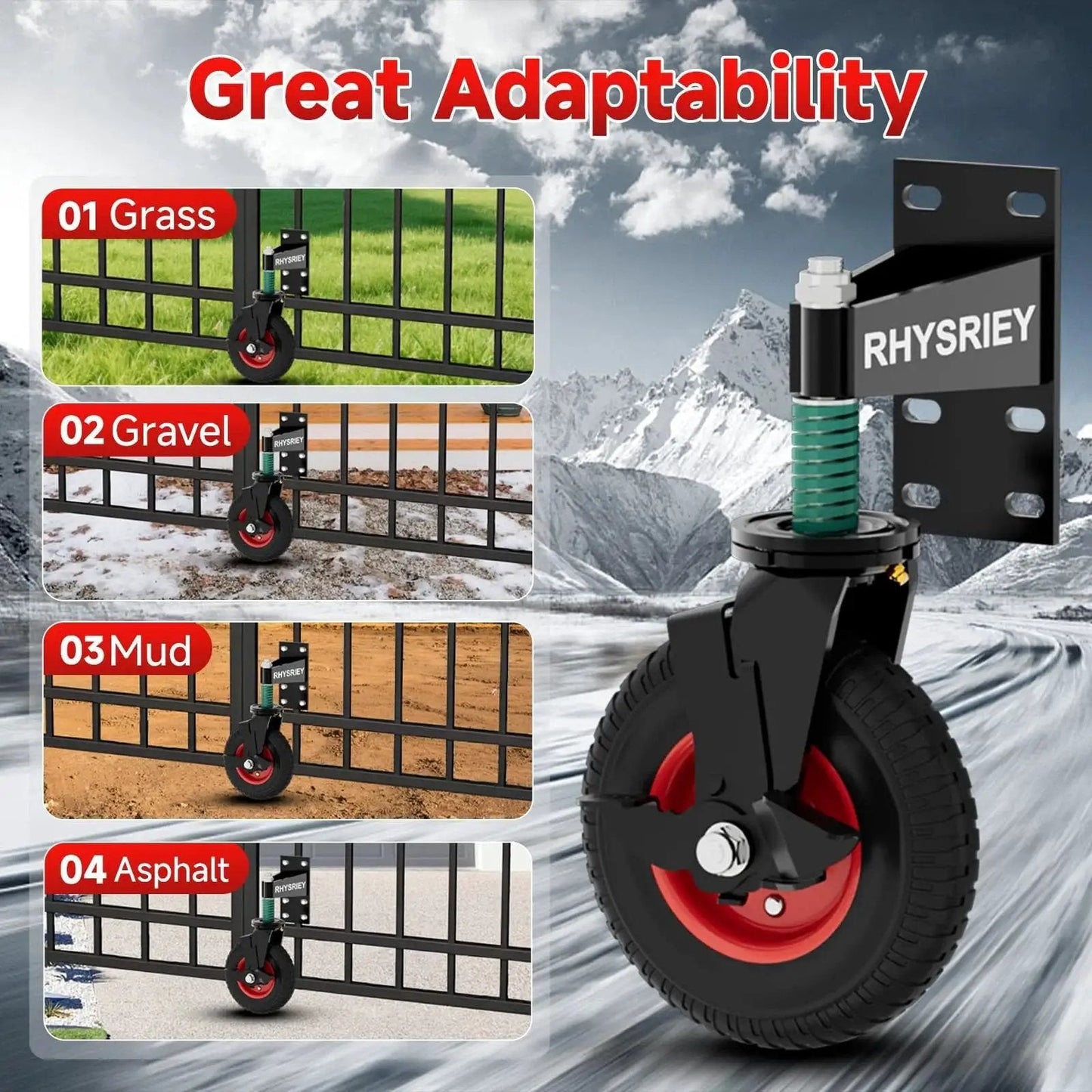 8 Inch Heavy Duty Gate Wheel With Brake For Wooden Gates And Metal Tube Gates, Spring Loaded 750Lbs Capacity, shown on grass, gravel, mud, asphalt