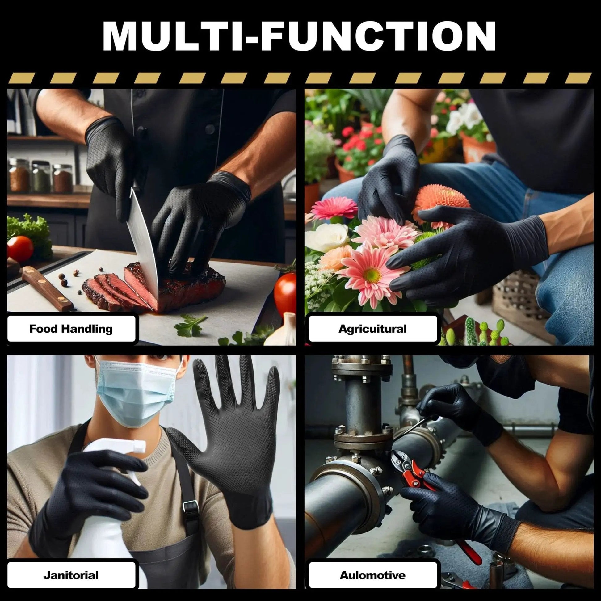 Heavy Duty 9 Mil Nitrile Disposable Gloves Diamond Texture Latex Free Large used in food handling, agriculture, janitorial, and automotive tasks