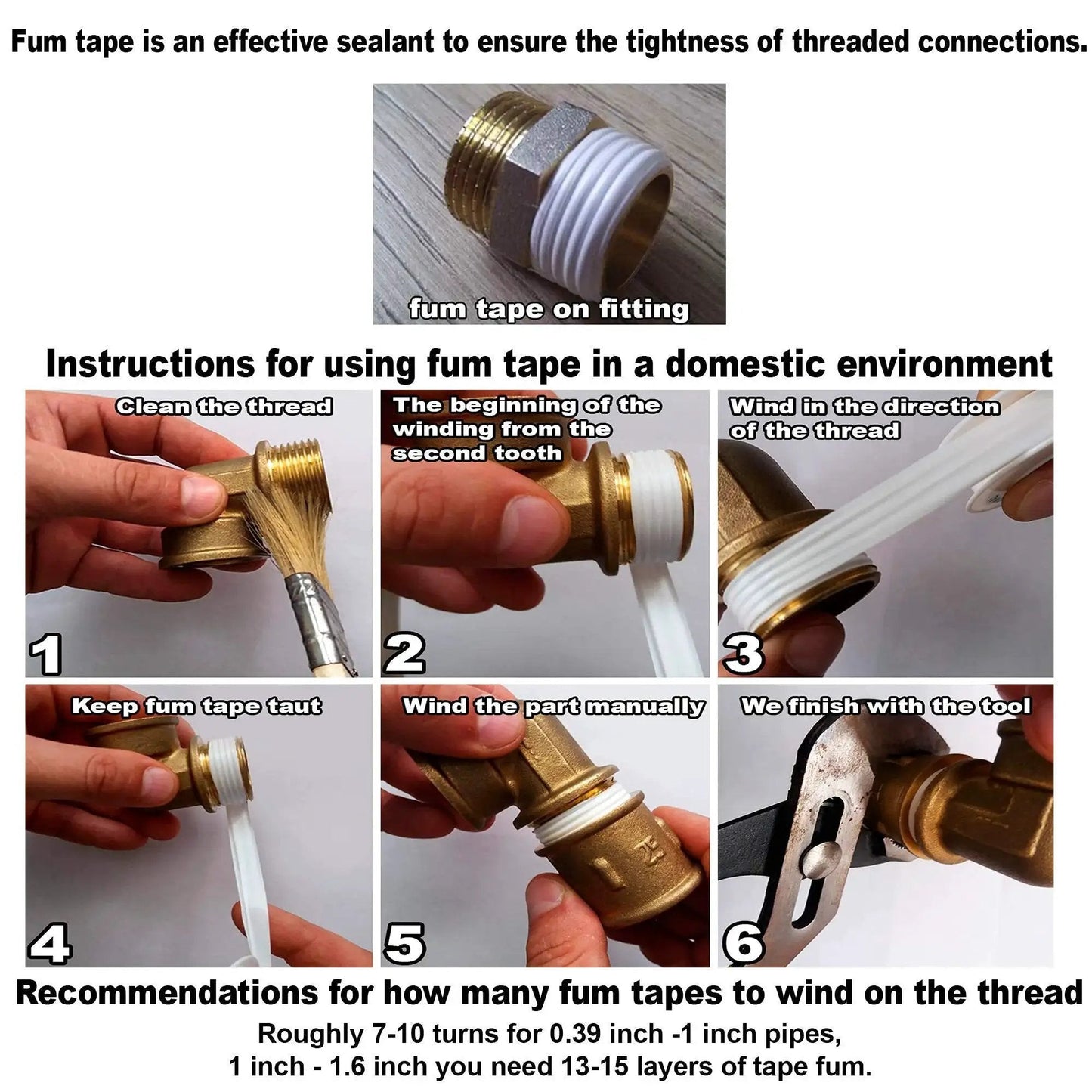 Instructional guide showing six steps for applying tape to brass pipe fittings, ensuring a tight seal for plumbing connections.