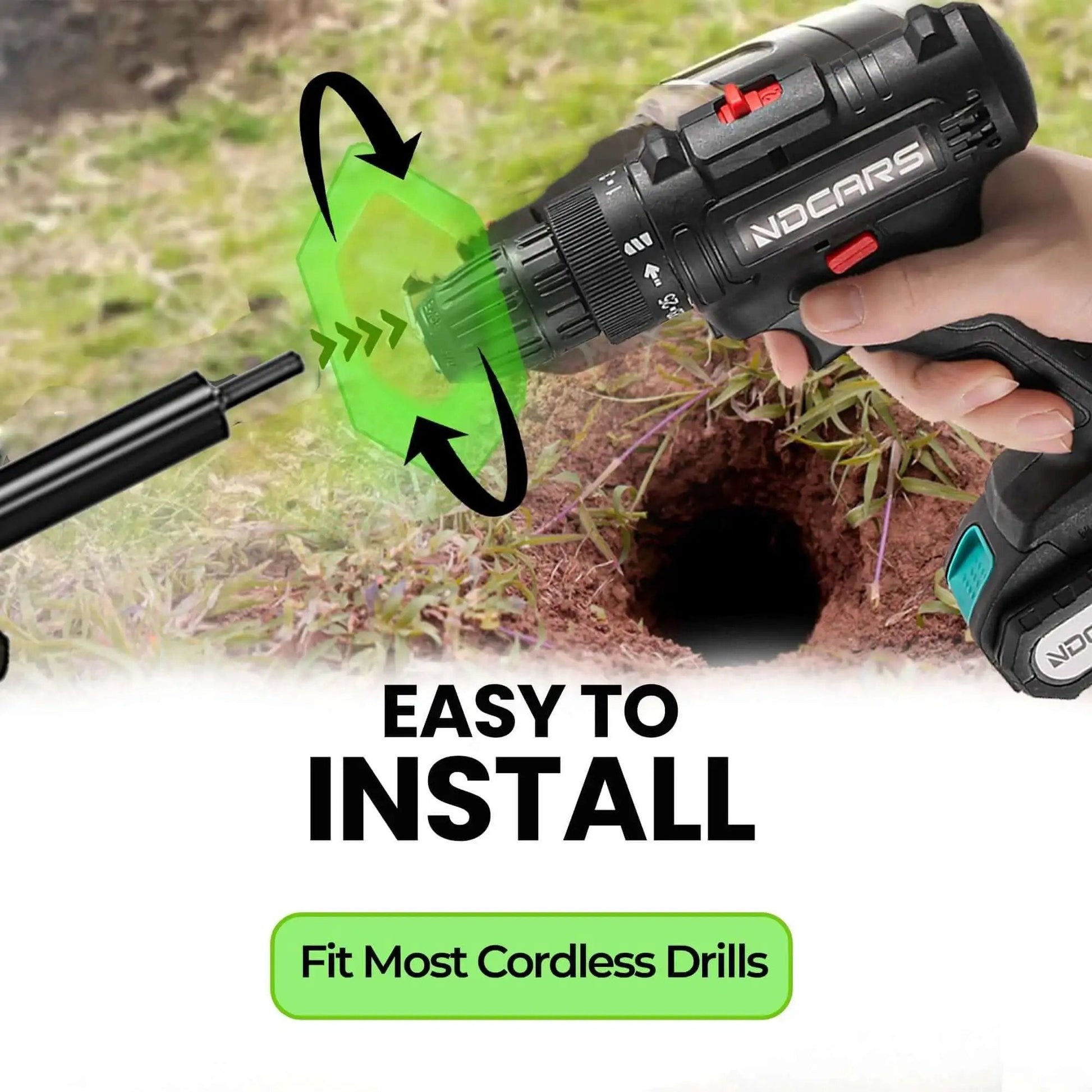No Fuss Planting Auger Drill Bit Set For Bulbs And Garden Holes 1.6 By 16 Inch And 3.5 By 16 Inch Two Pack Spiral Hole Digger in use