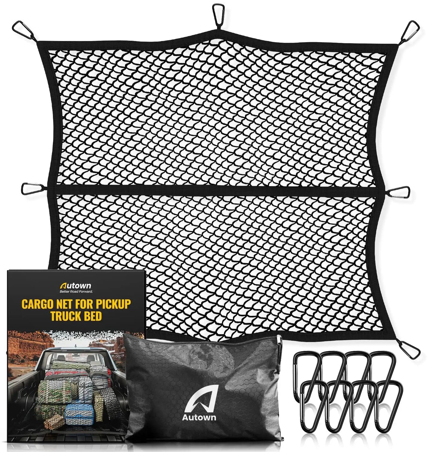 Heavy Duty Truck Bed Cargo Net Stretchable From 4x4 To 7x7 In 1x1 Inch Mesh With 8 Metal Carabiners AUTOWN product image.