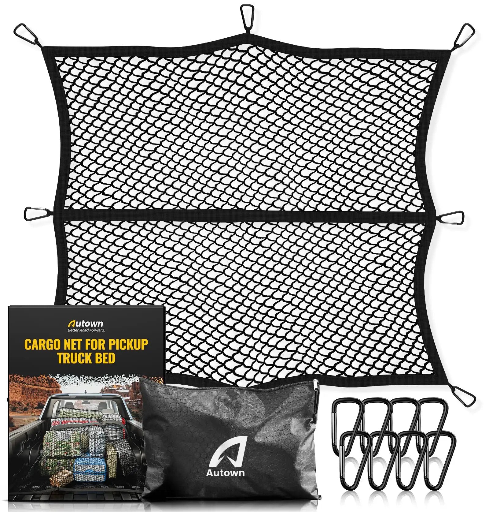 Stretchable Cargo Net for Pickup Truck Bed 4x4 to 7x7 With 1x1 Fine Mesh And 8 Carabiners Heavy Duty Elastic Design displayed flat with packaging and carabiners.