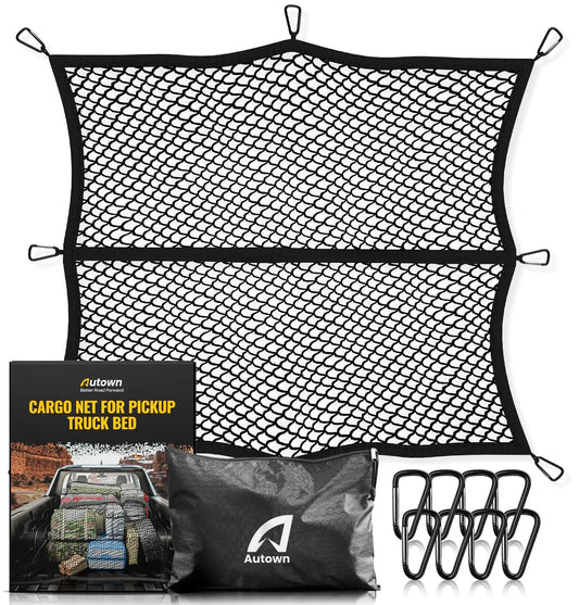 Stretchable Cargo Net for Pickup Truck Bed 4x4 to 7x7 With 1x1 Fine Mesh And 8 Carabiners Heavy Duty Elastic Design displayed flat with packaging and carabiners.