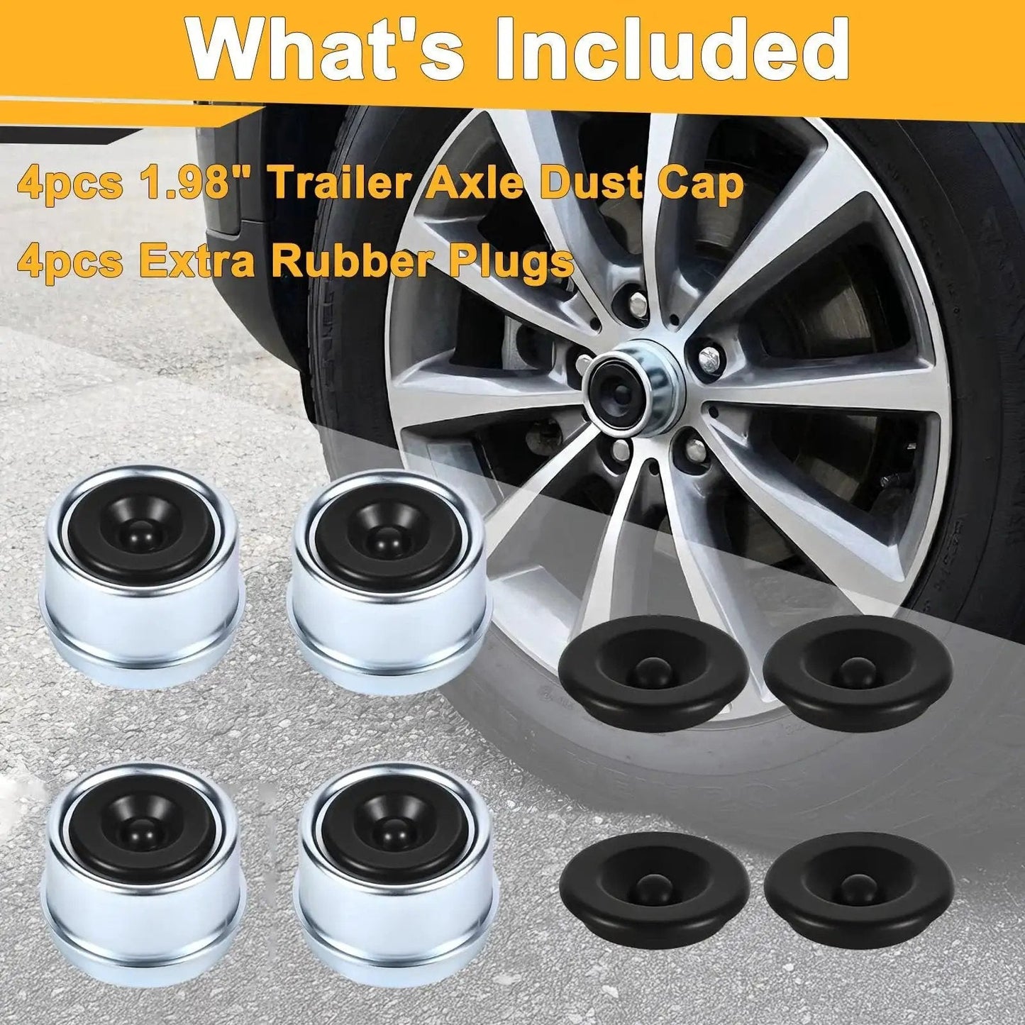 Trailer Axle Dust Cap Cup Kit 1.98 Inch Fits 2000 3500 Lbs Trailer Wheel Hubs 4 Grease Caps With 4 Extra Rubber Plugs Easy Install Dust Cover For Hub Bearing Protection AIUWIZO Pro Plus displayed with tire