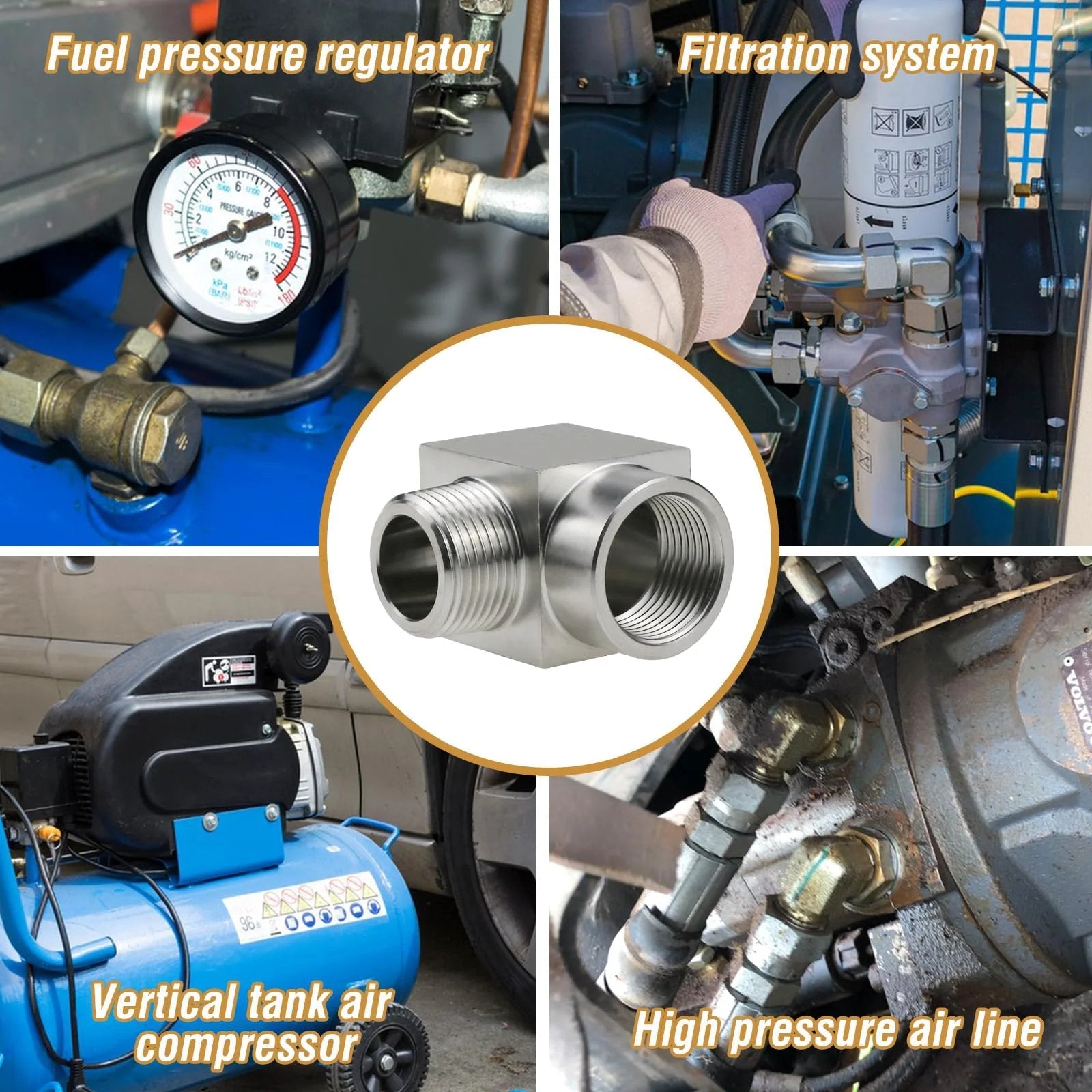 90 Degree NPT Elbow Pipe Fitting Three Eighths Male To Three Eighths Female Forged Stainless Steel Street Elbow Heavy Duty High Pressure Hose Fitting For Pressure Gauge 4350 Psi One Piece Napredak surrounded by various pressure systems and compressors.
