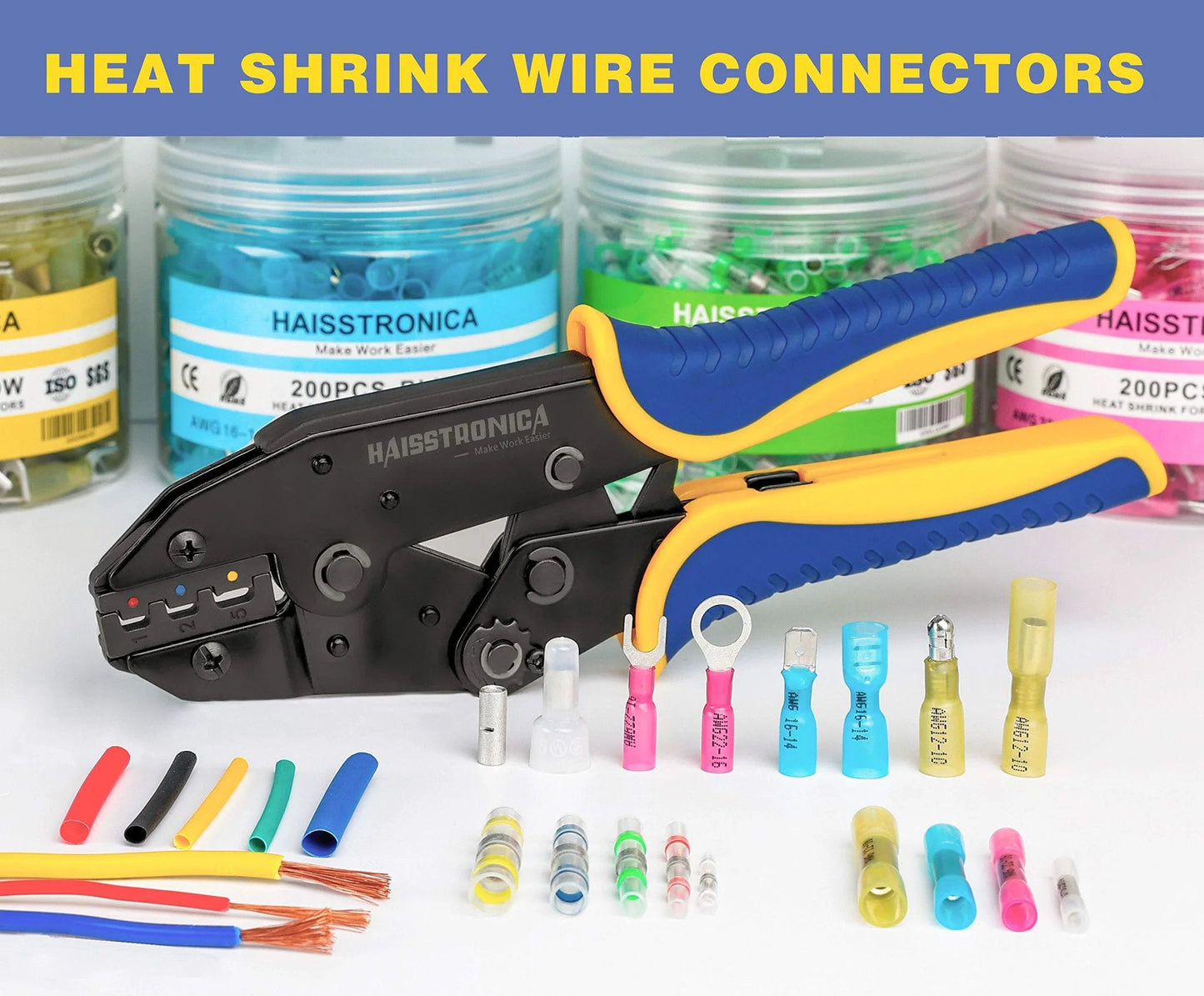 Heat Shrink Spade Connector Kit 260 Piece Set Red Blue Yellow Quick Disconnect Male And Female Terminals For Watercraft Electronics And Automotive Use Haisstronica displayed with crimping tool and various connectors.