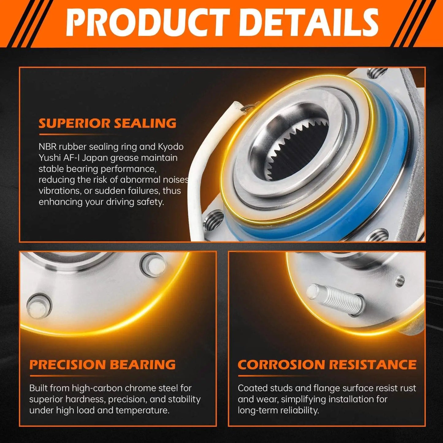 Front Left/Right Wheel Hub & Bearing Assembly 513121, 5-Lug w/ABS details showing sealing, bearing, and corrosion resistance features.