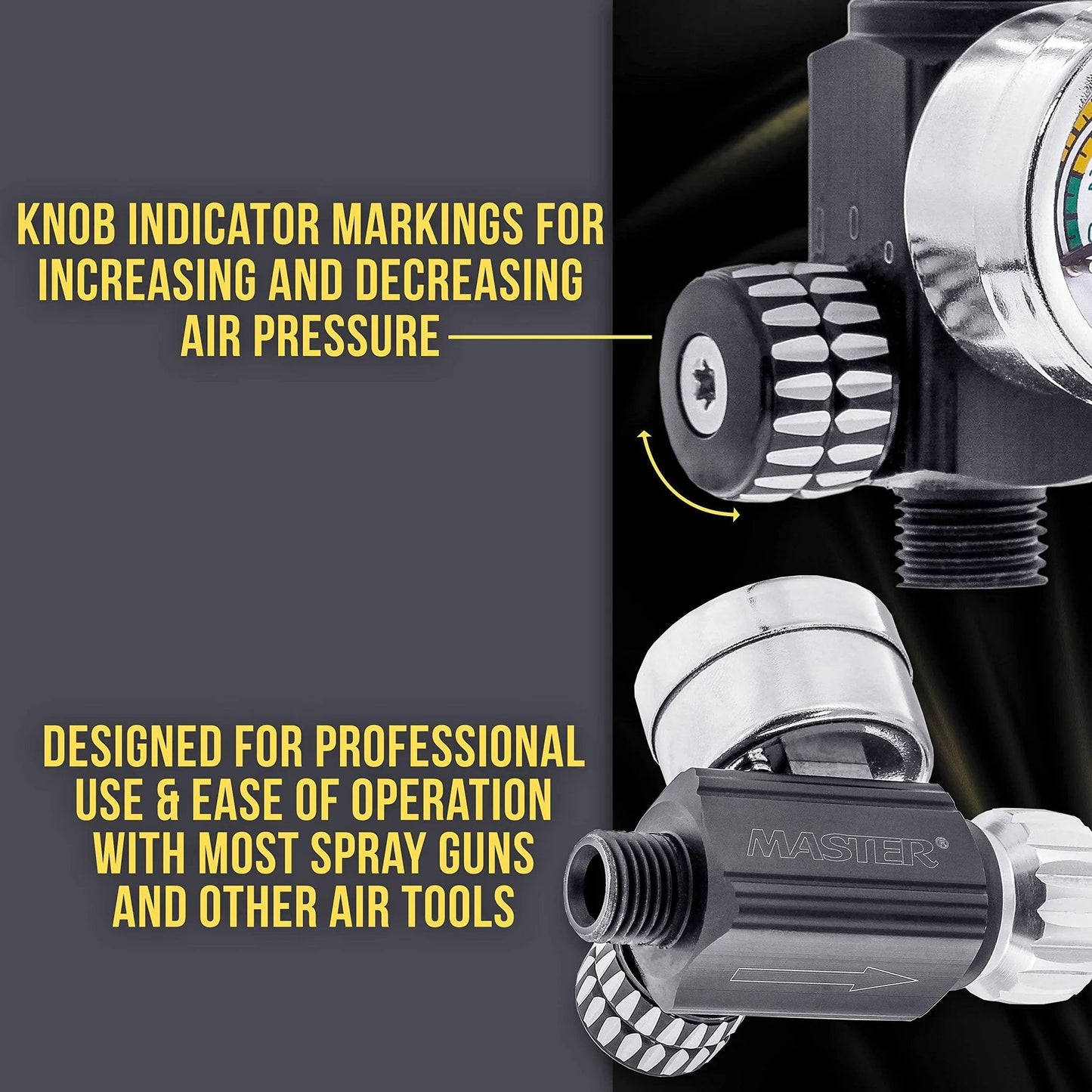 Close-up of High Flow Air Pressure Regulator With Gauge For Spray Guns 0 To 140 PSI Adjustable Valve