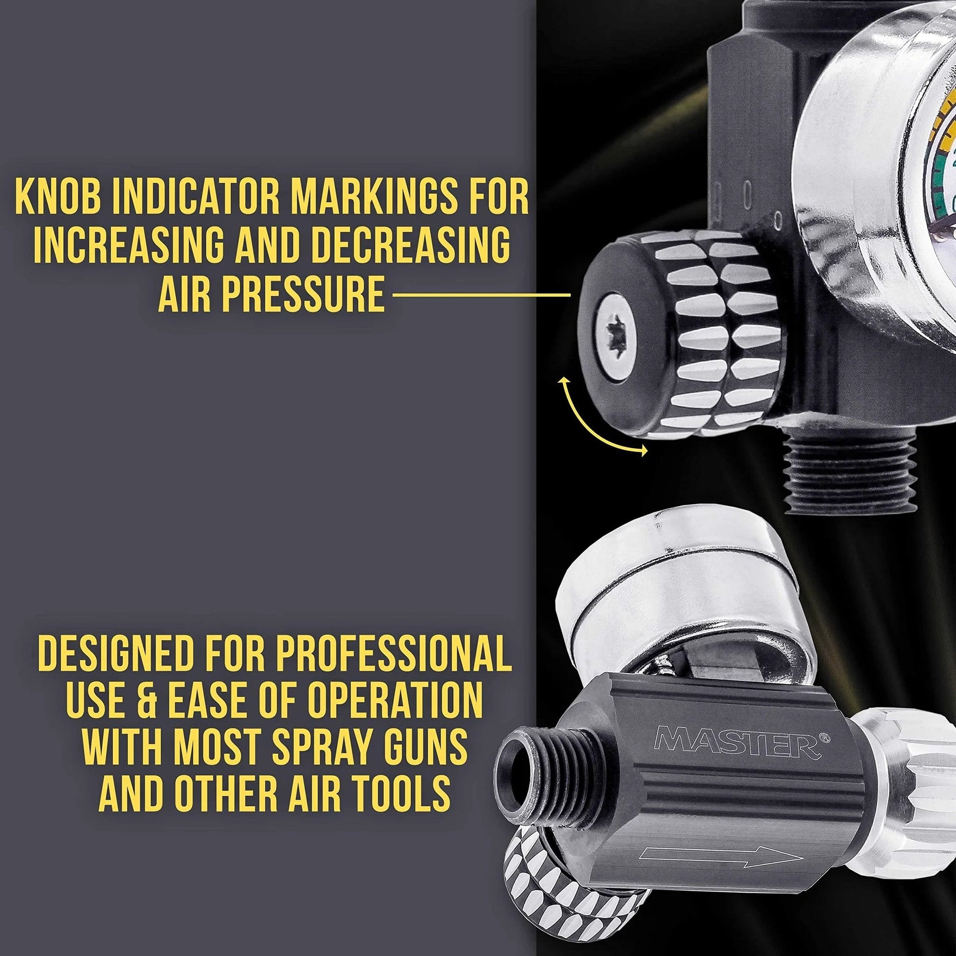 Close-up of High Flow Air Pressure Regulator With Gauge For Spray Guns 0 To 140 PSI Adjustable Valve