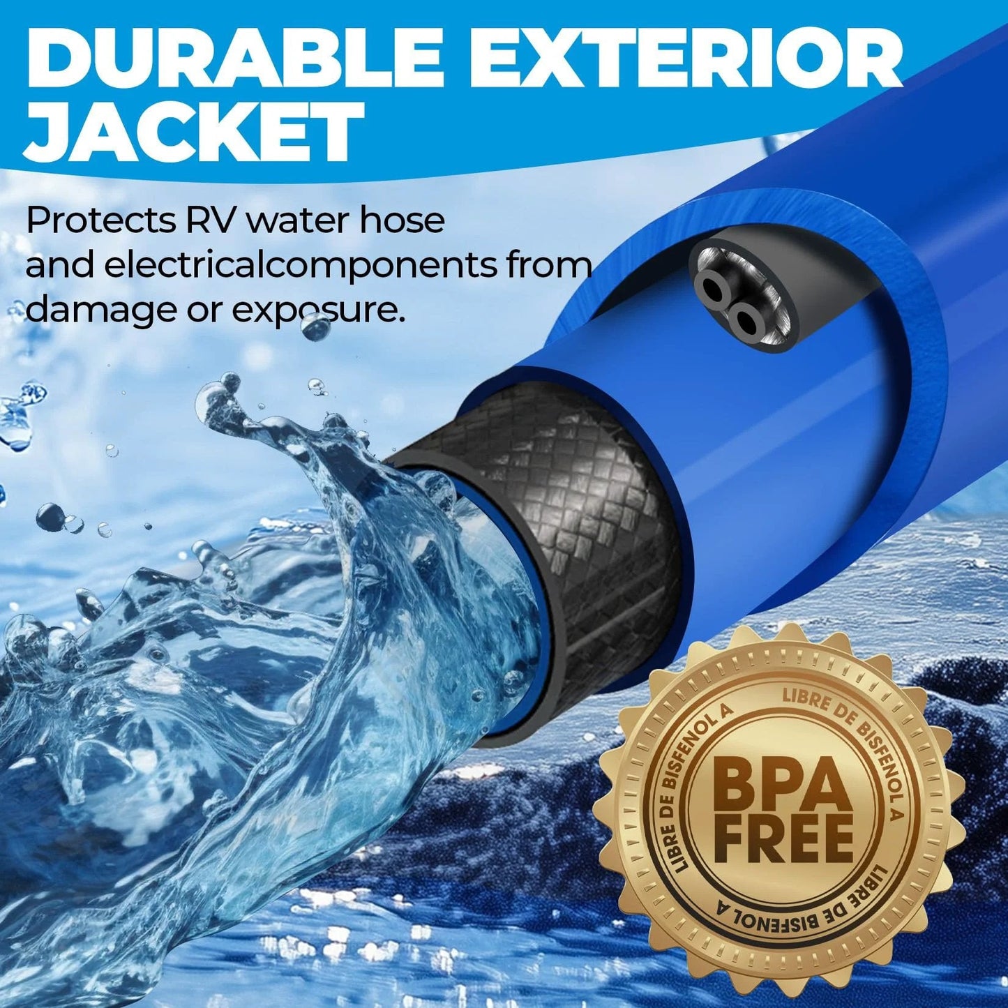 Close-up of 30 Foot Heated Water Hose For RV Use With Antifreeze To Minus Forty Five Degrees Fahrenheit Keeps Water Flowing In Freezing Weather For RV Folks Campers Farmers And Livestock And Outdoor Enthusiasts BPA Free And Lead Free, showing durable jacket and BPA free badge.