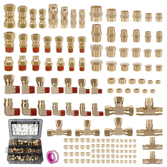 Brass DOT Push To Connect Fittings And Nylon Tubing Assortment Kit For Air Systems with 150 Pieces on display