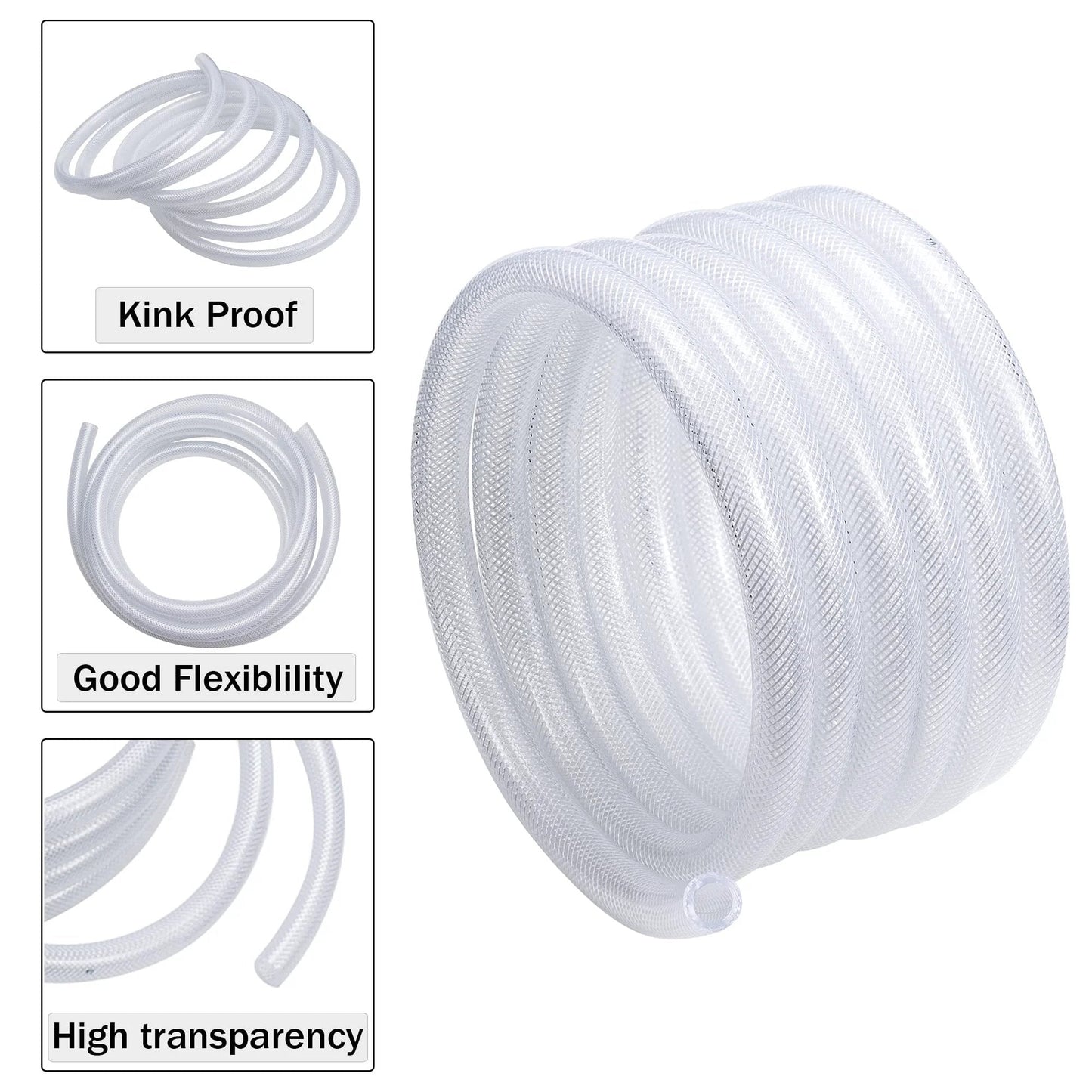 Heavy Duty Braided Clear PVC Tubing By DAVCO 1 Inch ID 25 Ft With Stainless Clamps High Pressure Flexible Reinforced Plastic Hose