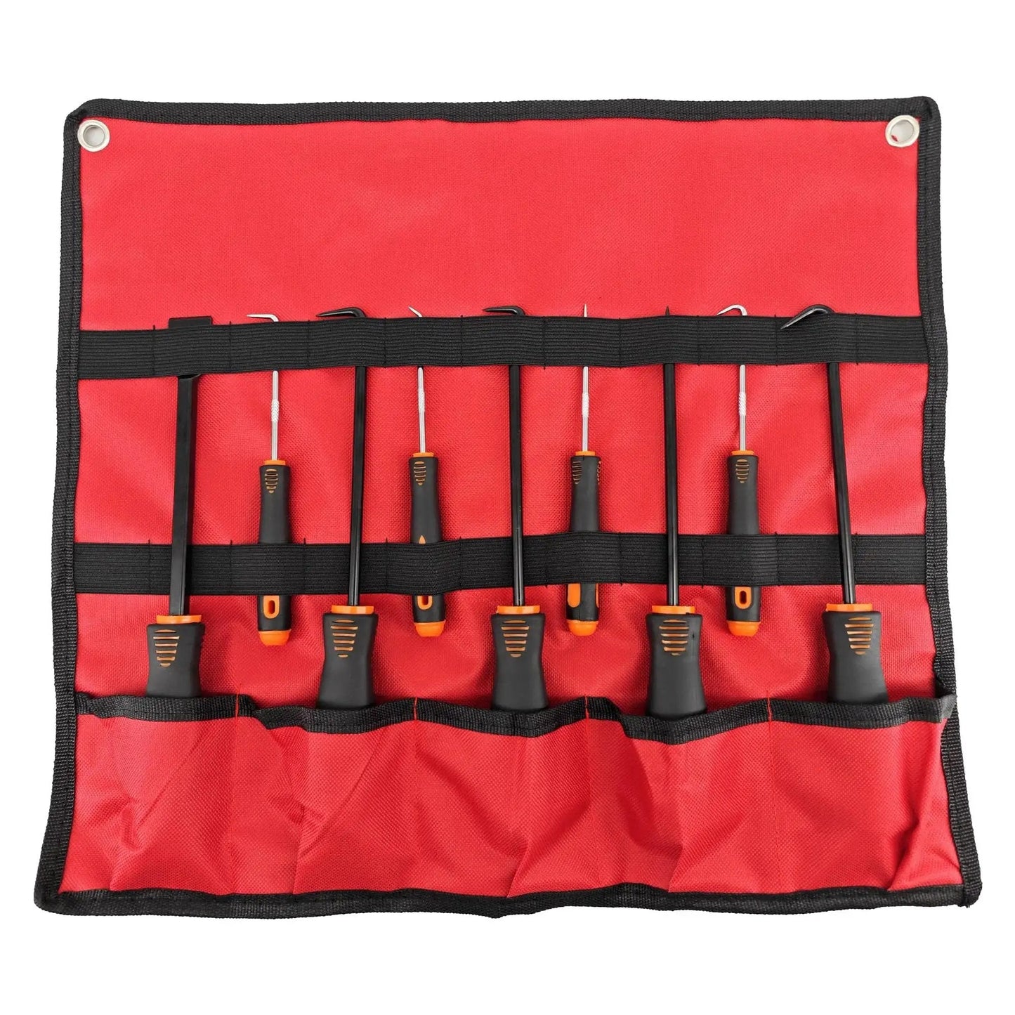 9 Piece Precision Hook And Pick Set With Scraper For Car And Home DIY Repairs, organized in a red roll-up pouch