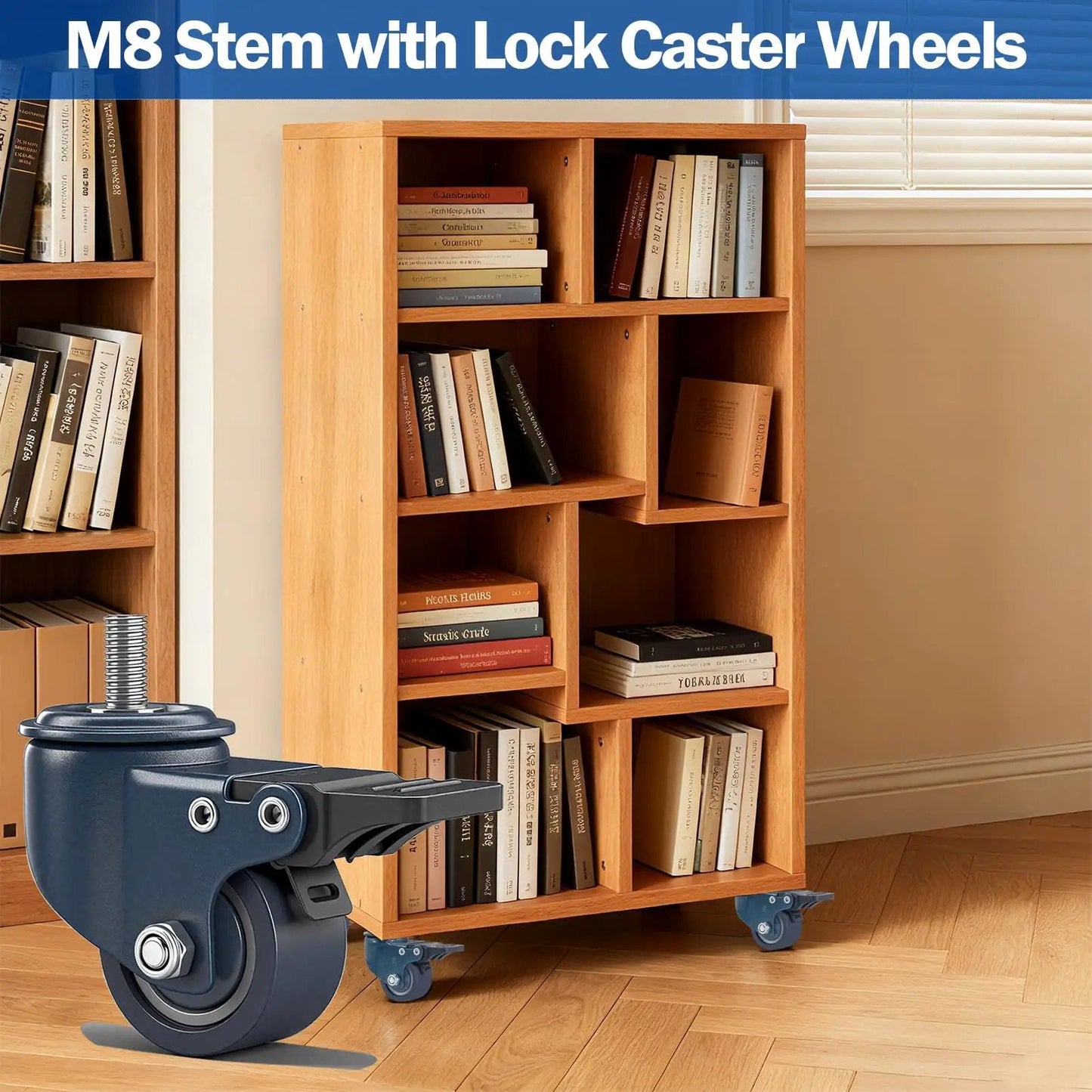 Heavy Duty M8 1.25 Threaded Stem Caster Wheels Set Of 4 1.6 Inch Swivel PU Castors with Locking Brake on bookcase