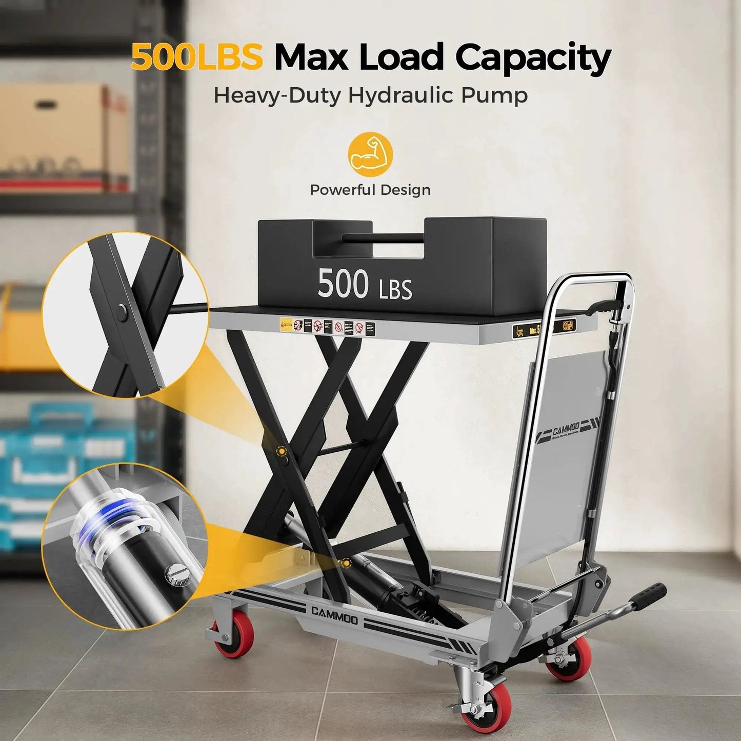 Hydraulic Lift Table Cart 500 Lb 28.5 Inch Lift Foldable Handle Safety Guard in warehouse setting with load capacity and pump detail.