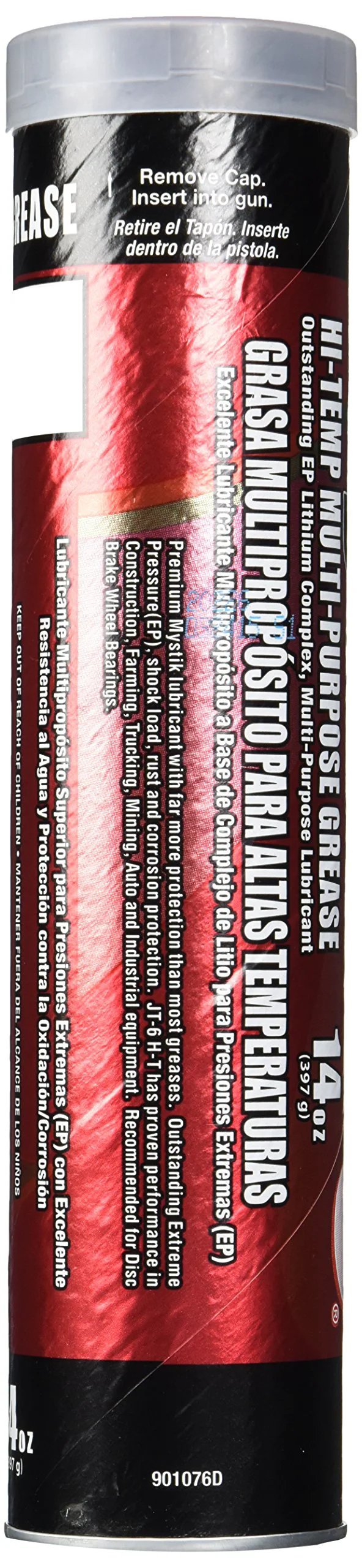 Side view of Hi Temp Multi Purpose Grease Cartridge Pack Of 10 14 Oz Each JT 6 For Heavy Duty Bearings Mining And Construction Equipment Mystik JT 6 Hi Temp Grease