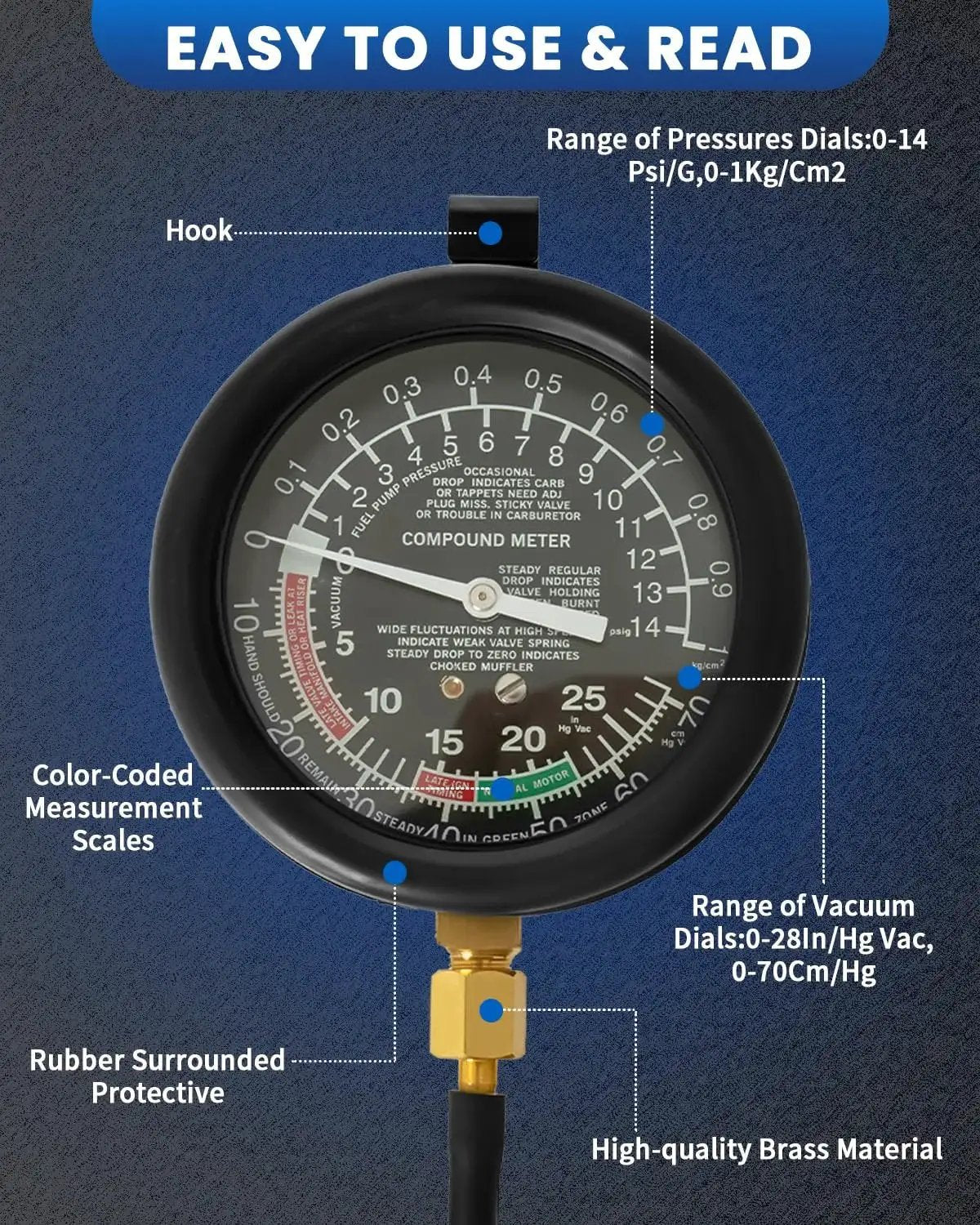 Close-up of Universal Vacuum Gauge For Cars And Trucks Engine Diagnostics Kit with pressure and vacuum dials on blue background