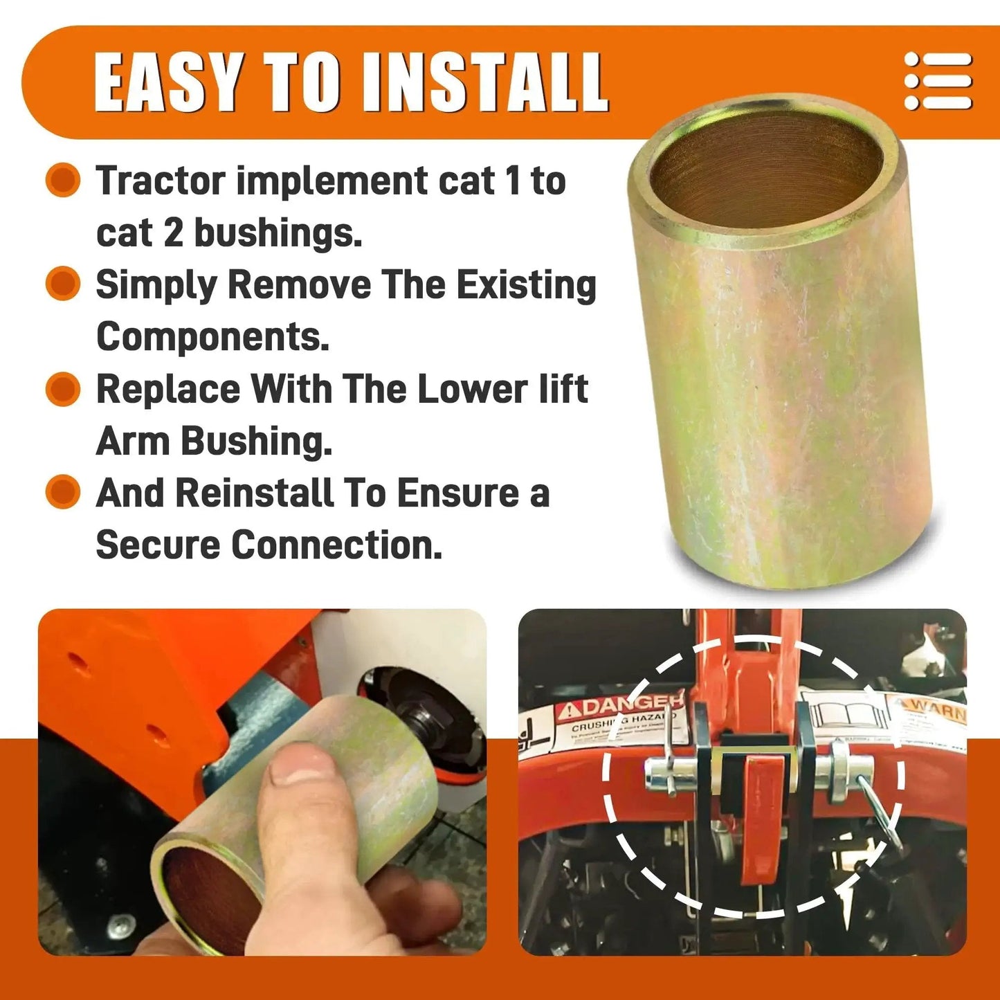 Universal Quick Hitch Lower Lift Arm Bushing Kit For Cat I To Cat II Systems, installation instructions with bushing component
