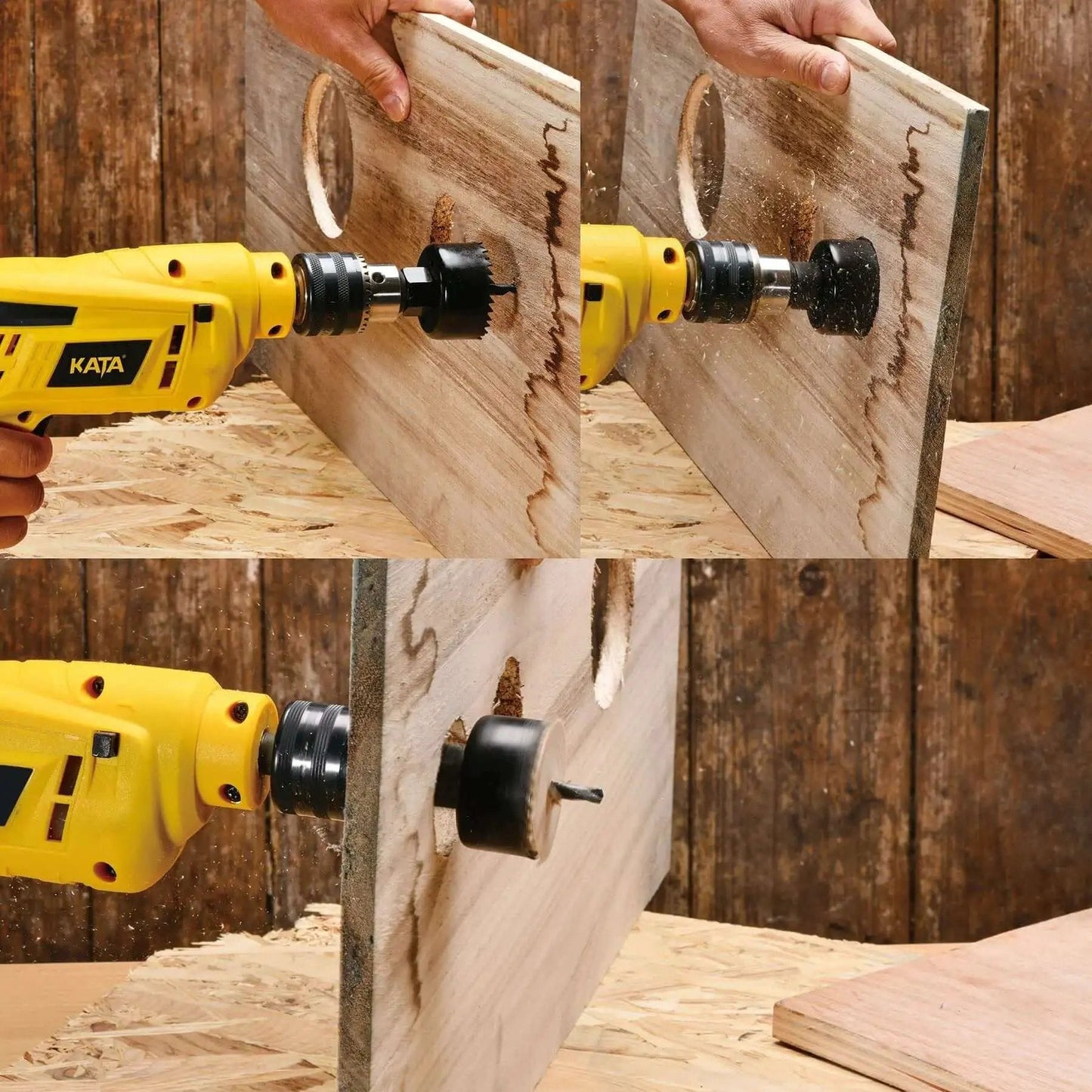 Six Piece Hole Saw Kit With Case And Mandrels For Soft Wood PVC And Plywood 1-1/4 To 2-1/8 Inch 32-54mm Set KATA in use on wood