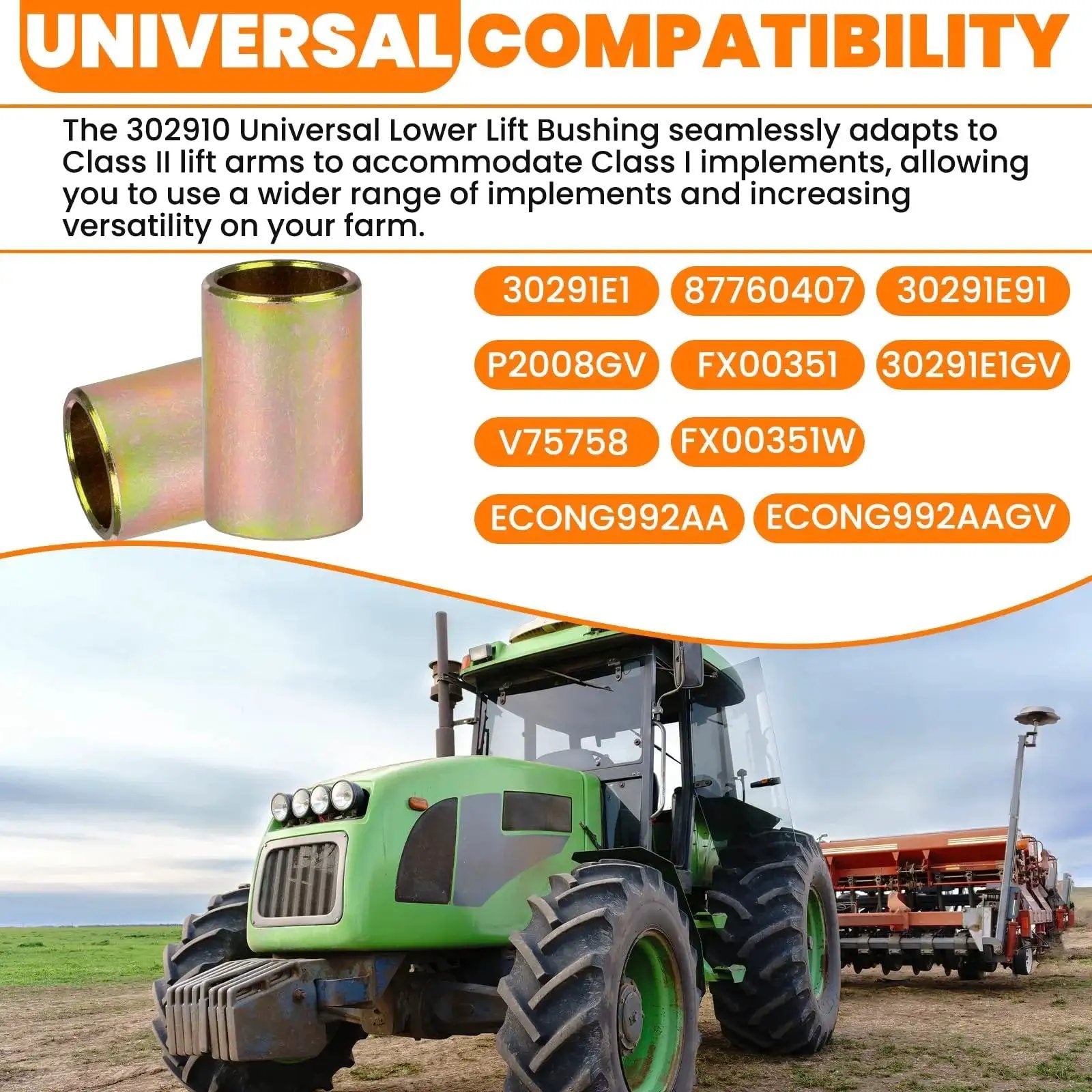 Tractor with Six Pack Universal Lower Lift Arm Bushings For Cat II To I Hitch Systems Quick Hitch Bushing Set illustration.