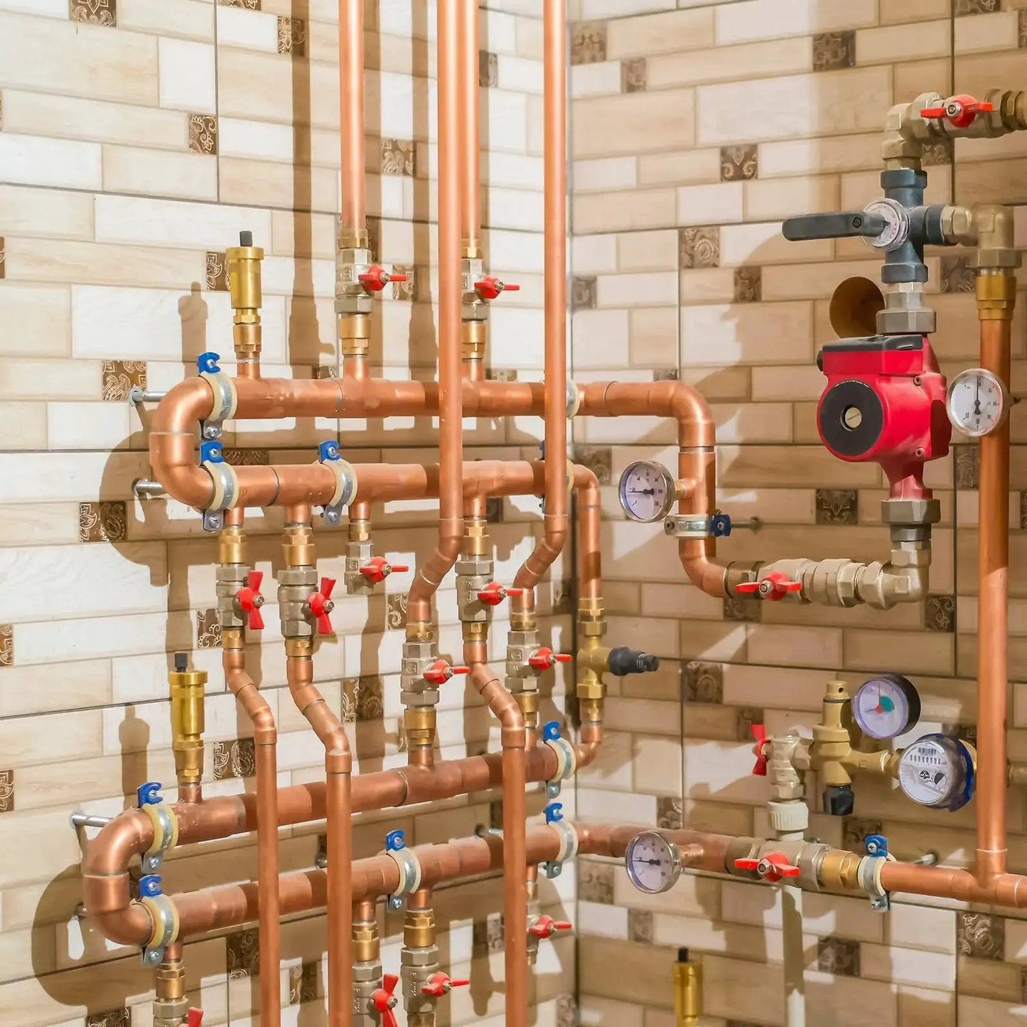 Plumbing system with brass fittings, showcasing Brass Hex Bushing 1/8 NPT Female To 3/4 NPT Male Reducer Fittings Pack Of 2 installed.