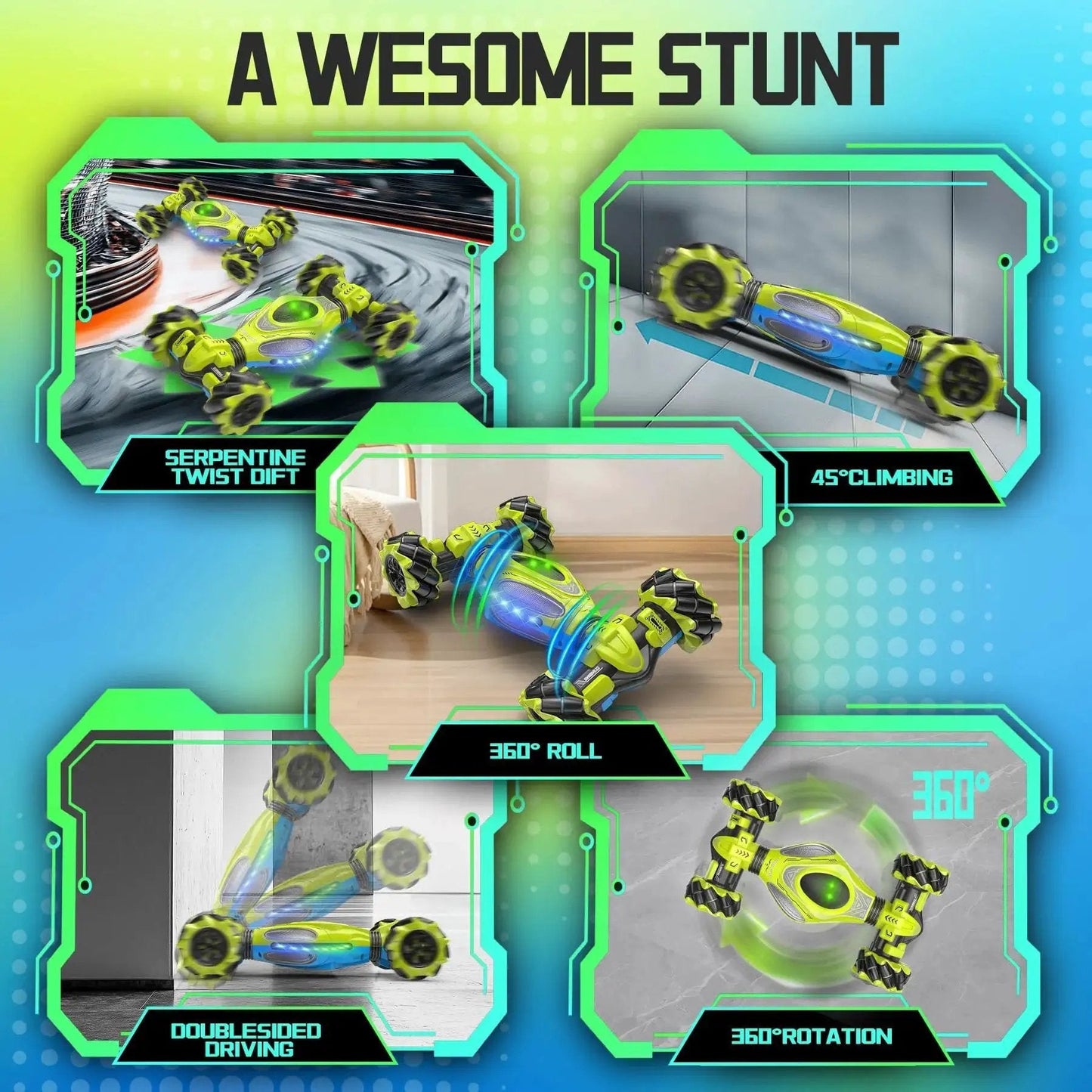 "Gesture Sensing RC Epic Stunt Car 1 12 Scale 4WD performing stunts and drifts, showcasing dual control modes and all-terrain capabilities."